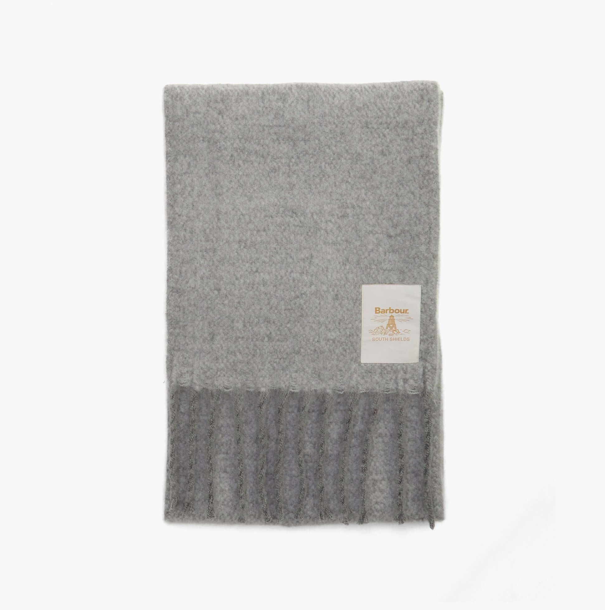 Barbour ELLISON Womens Winter Light Grey front view of the scarf with fringes and logo.