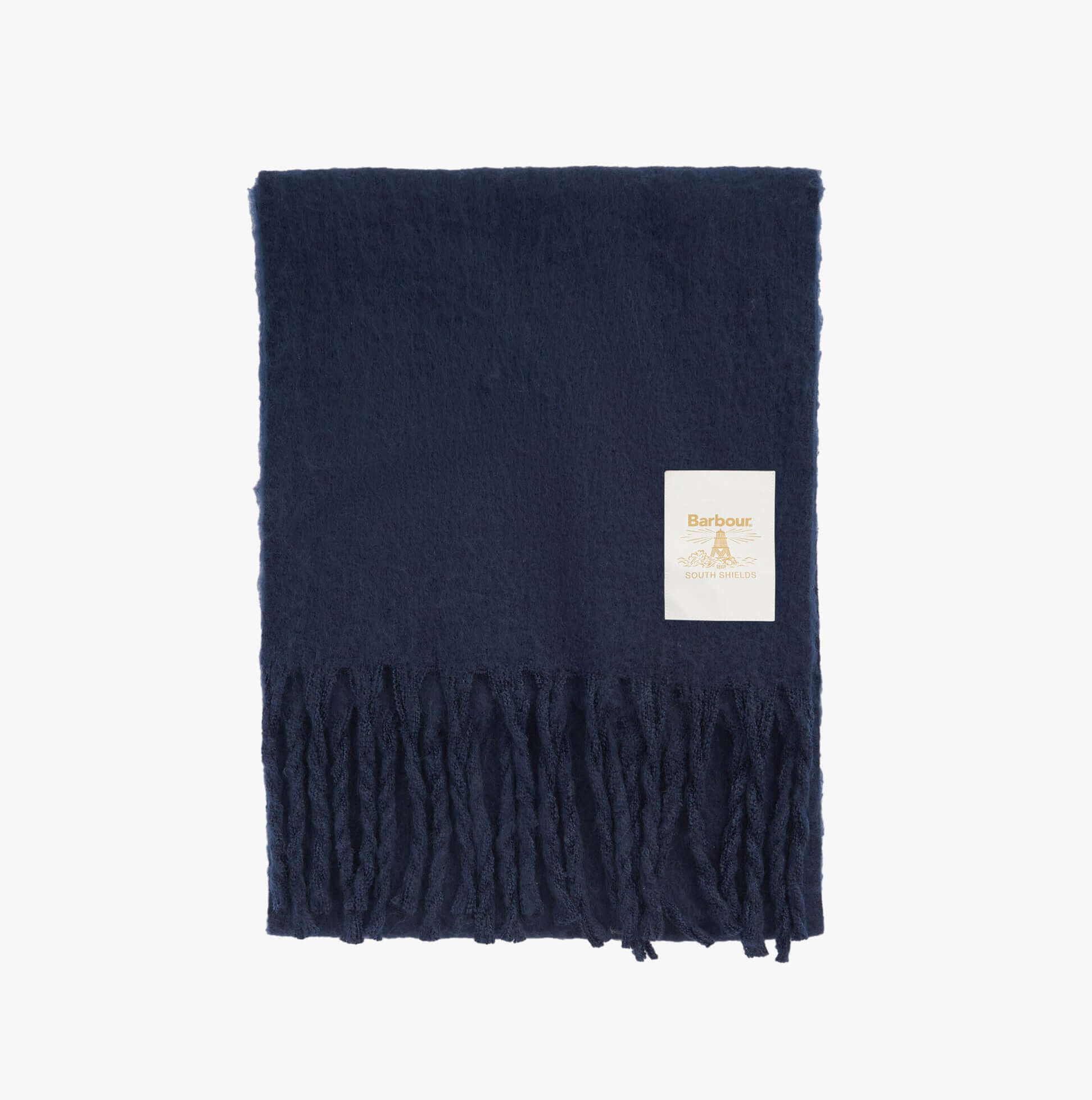 Barbour ELLISON Womens Winter Navy detail view of navy scarf with fringes and tag