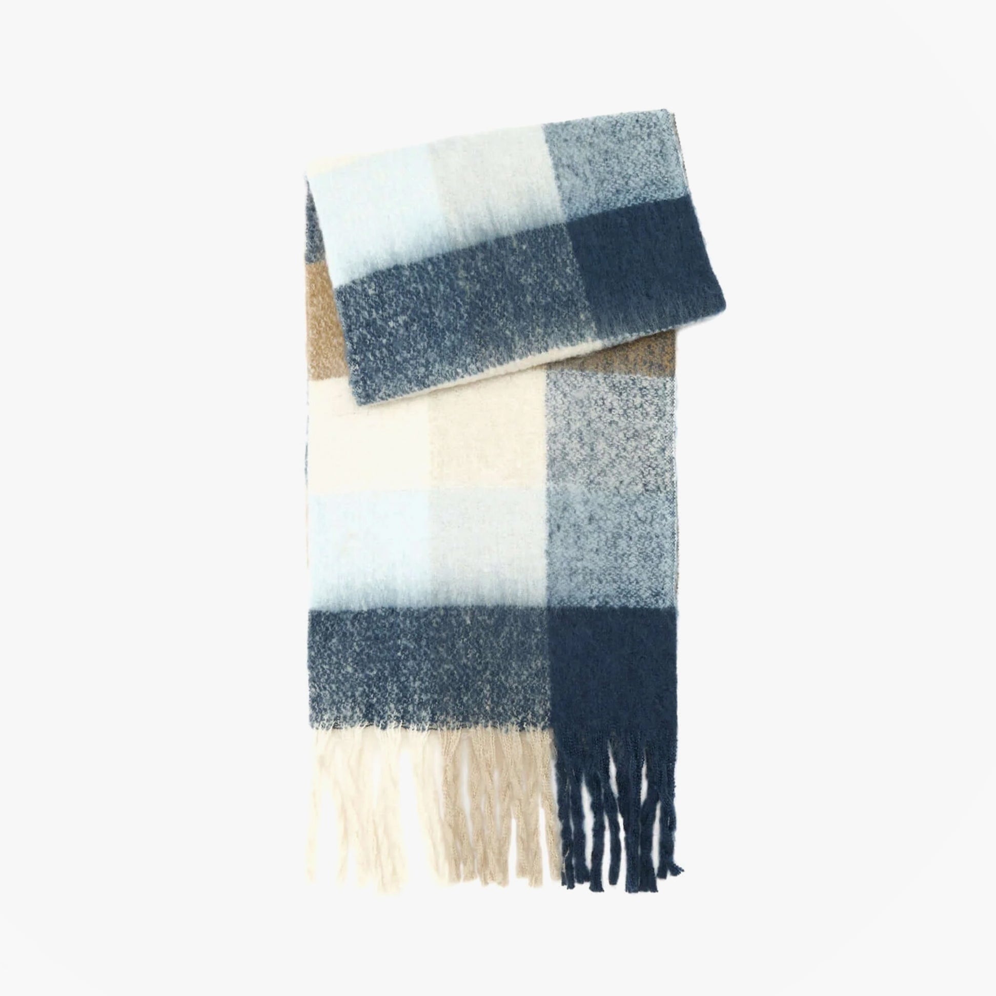 Barbour MARIE Womens Winter Ice Blue Check detail view of soft check scarf in ice blue and navy shades with fringes.