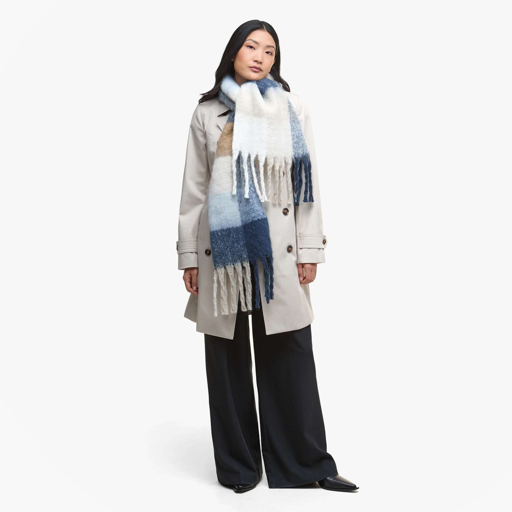 Barbour MARIE Womens Winter Ice Blue Check front view of a model wearing an ice blue check scarf.