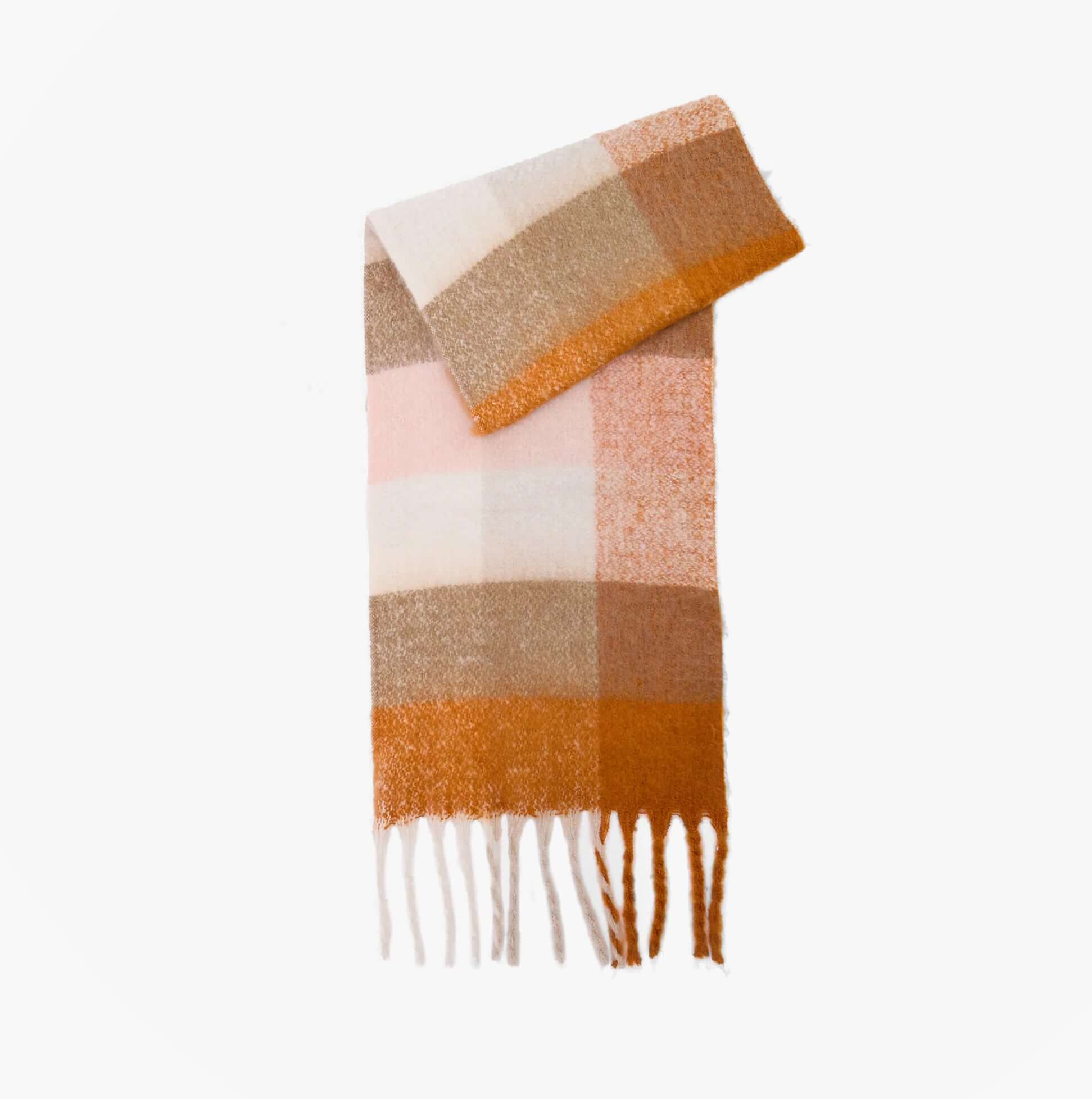 Barbour MARIE Womens Winter Mustard Check front view scarf with a check pattern in warm colors.