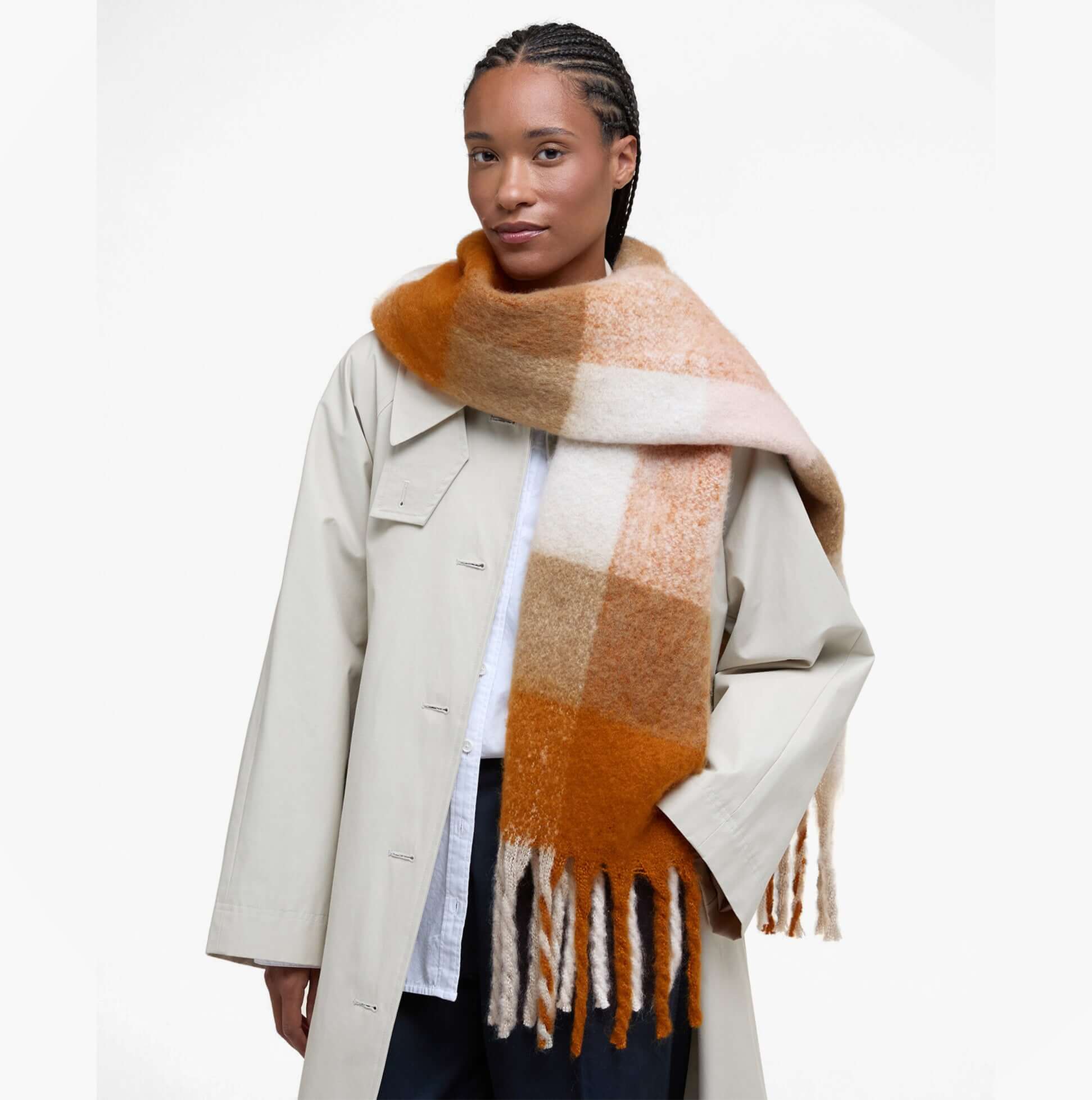 Barbour MARIE Womens Winter Mustard Check front view of a warm scarf in mustard and cream checks, draped elegantly.