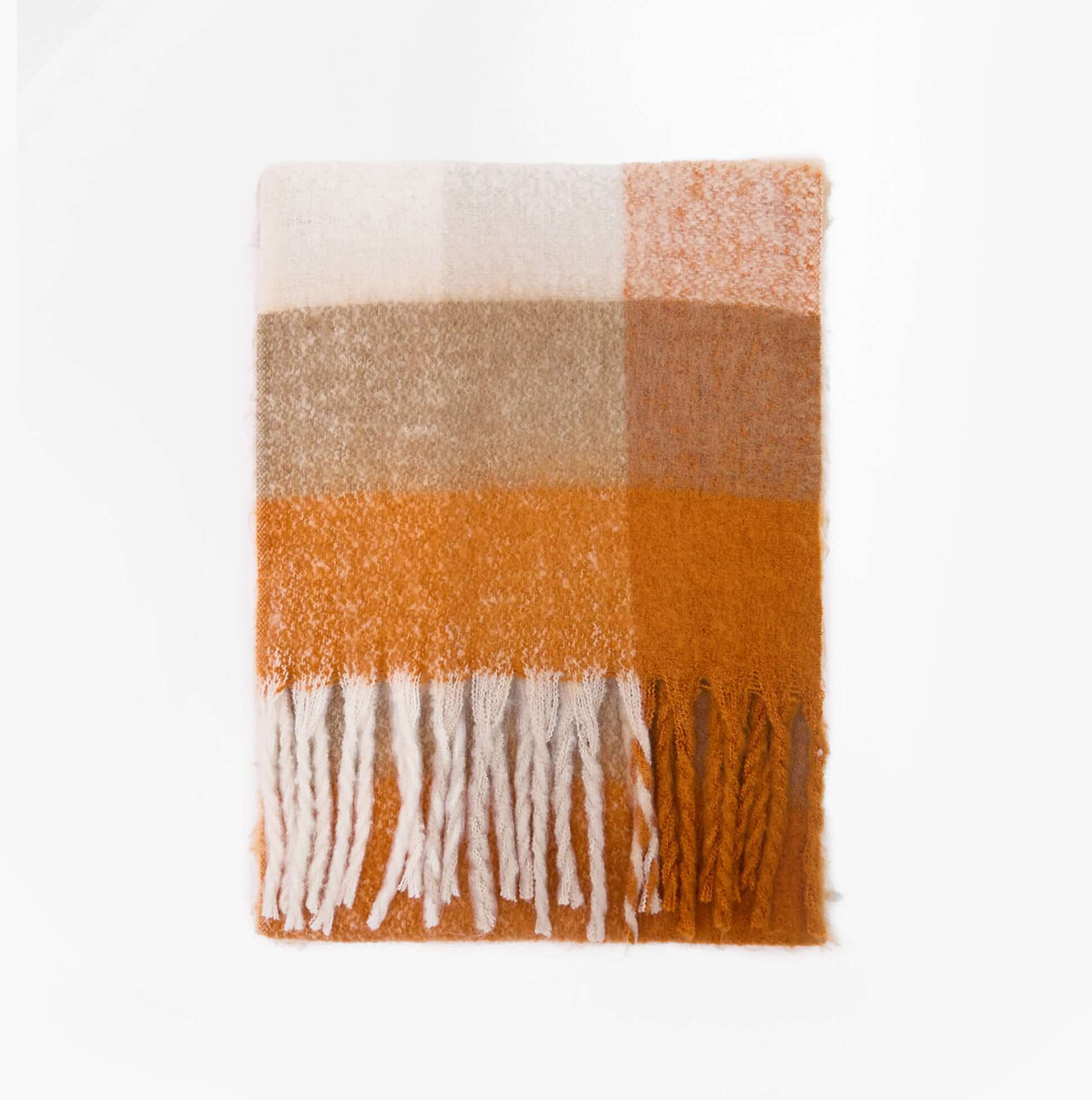 Barbour MARIE Womens Winter Mustard Check front view of scarf with orange and beige check pattern.