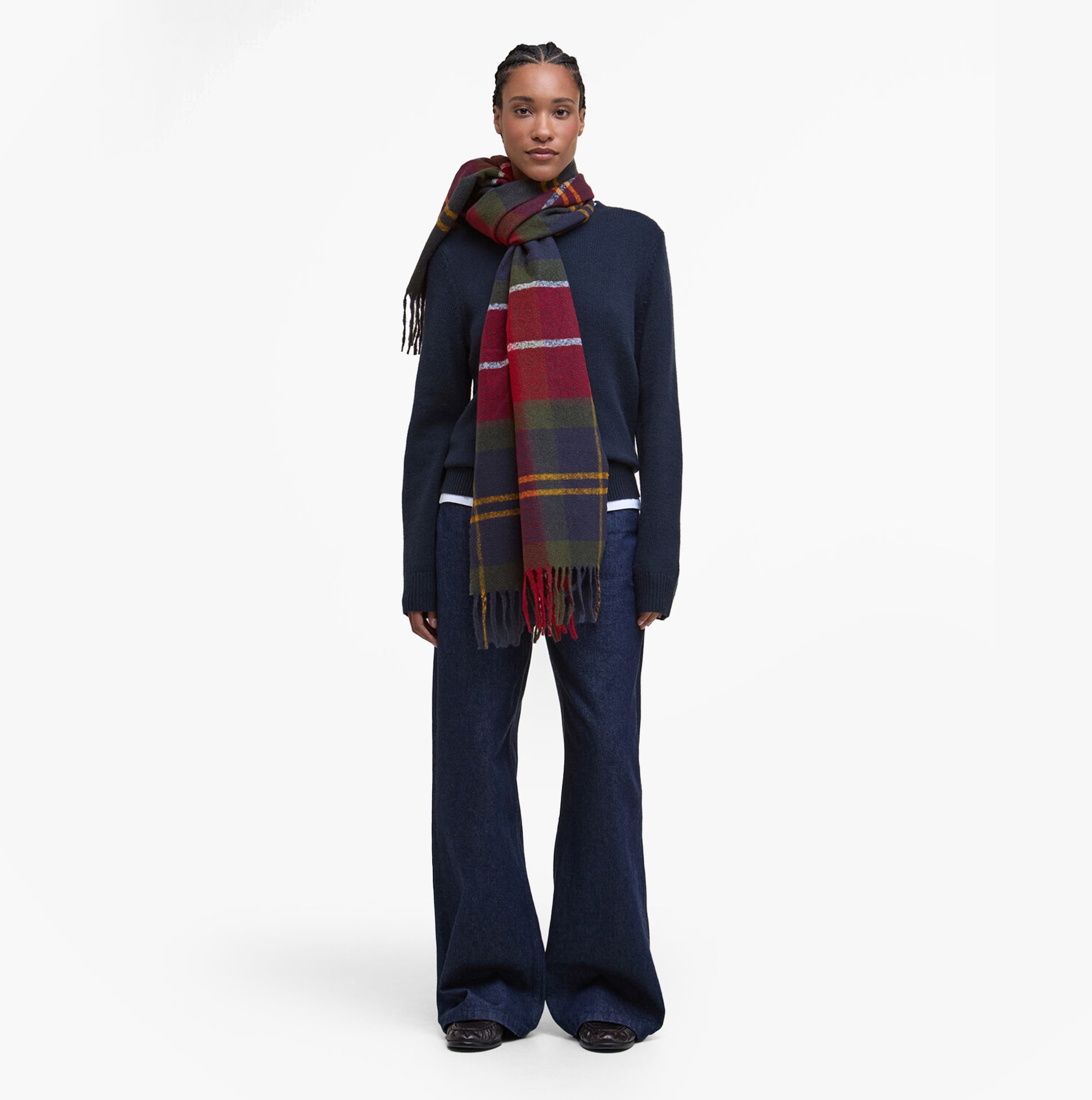 Barbour DEANNA TARTAN Womens Winter Winterberry Tartan, front view, woman wearing scarf with tartan design in winter colors.