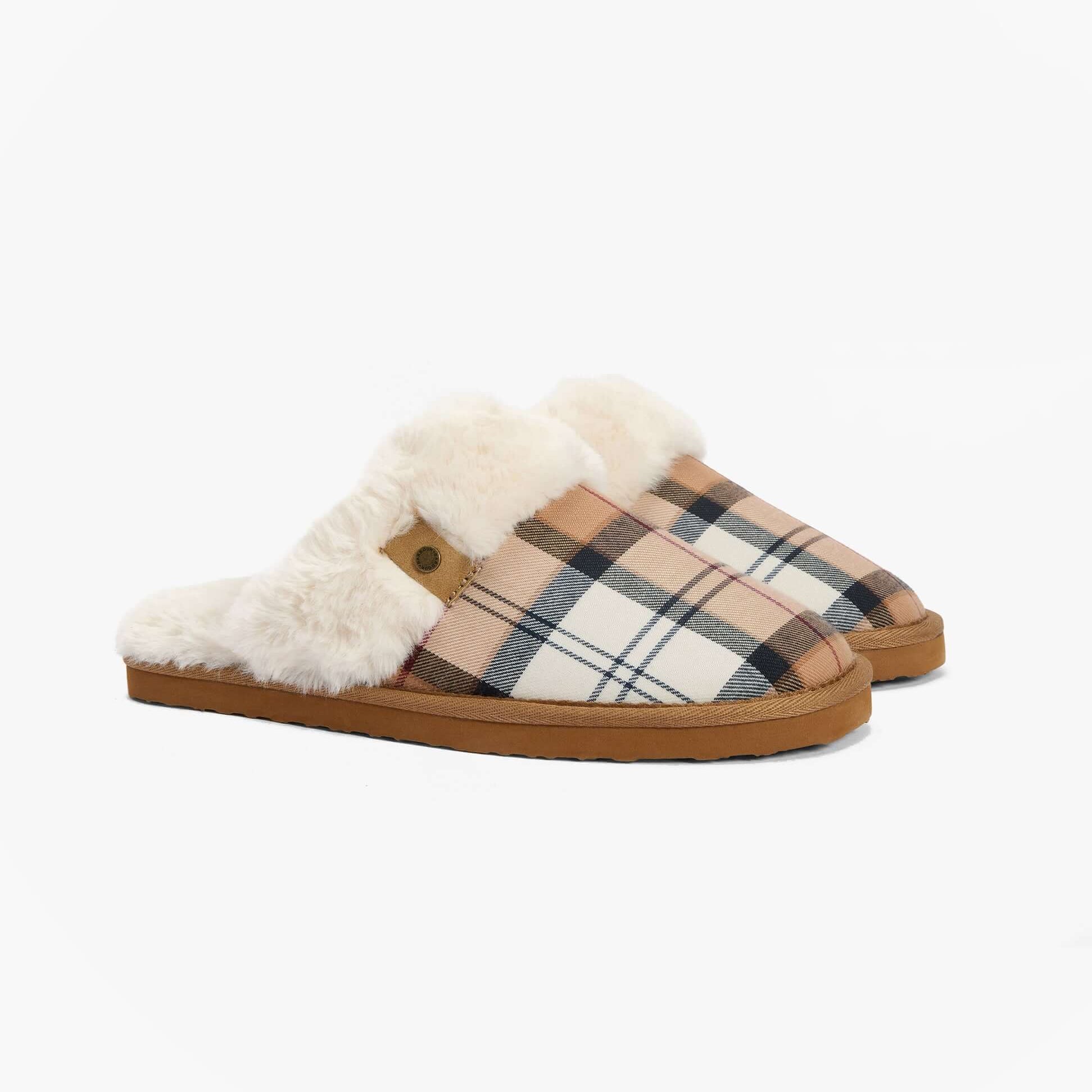 Barbour CLAUDIA Womens Mule Slippers Hessian Tartan side view showing stylish plaid pattern and soft furry lining