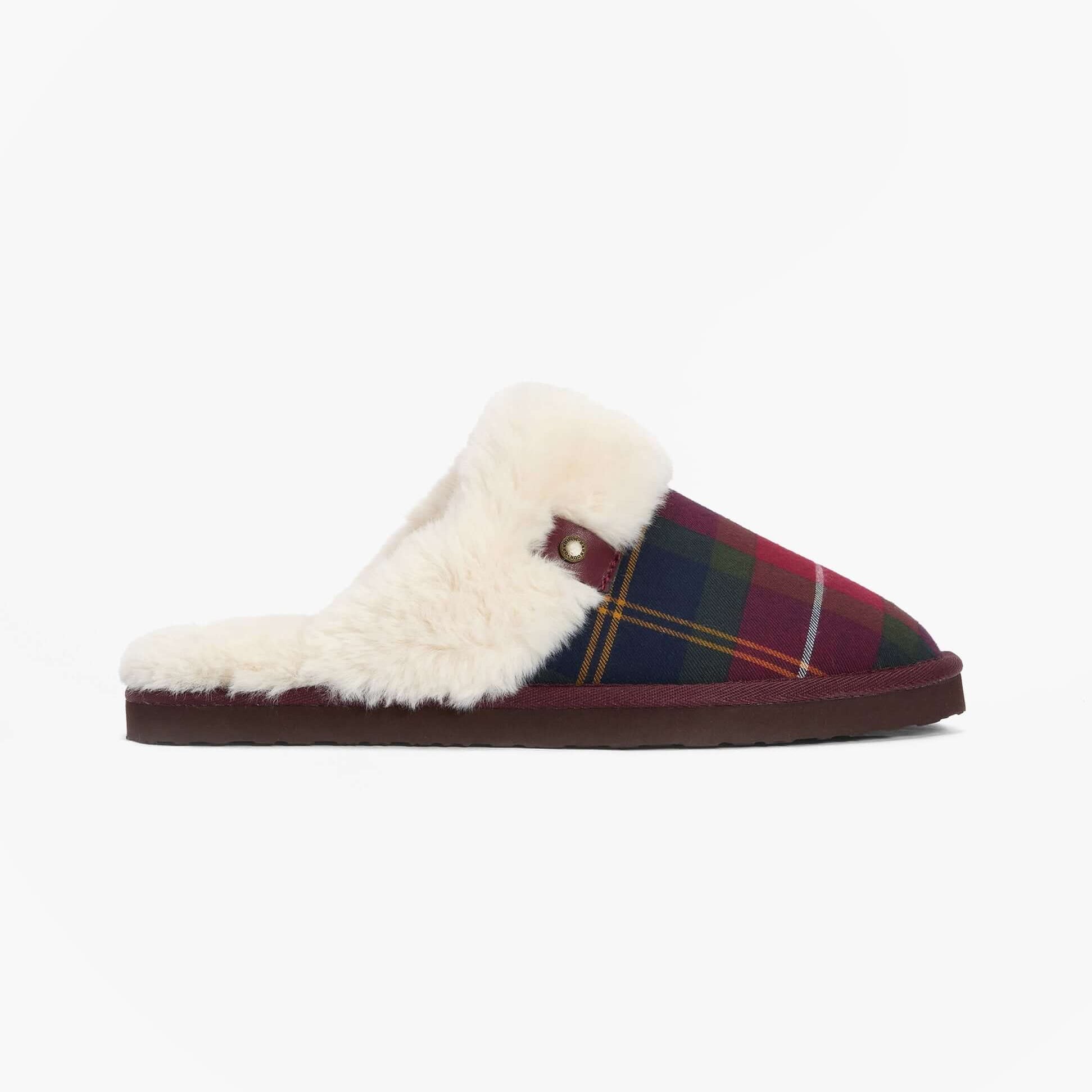 Barbour CLAUDIA Womens Mule Slippers Winterberry Tartan side view featuring soft lining and plaid upper.