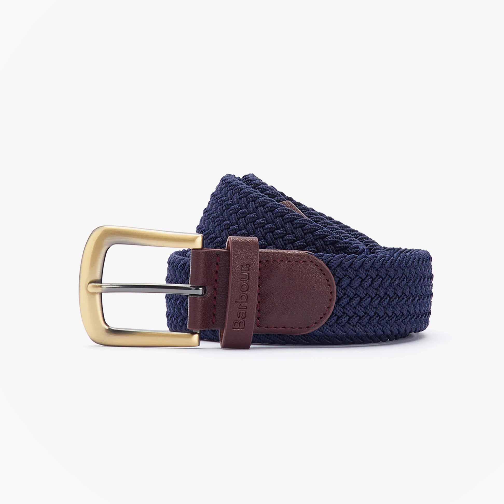 Barbour STRETCH WEBBING Mens Leather Belt Navy side view showcasing buckle and woven texture.