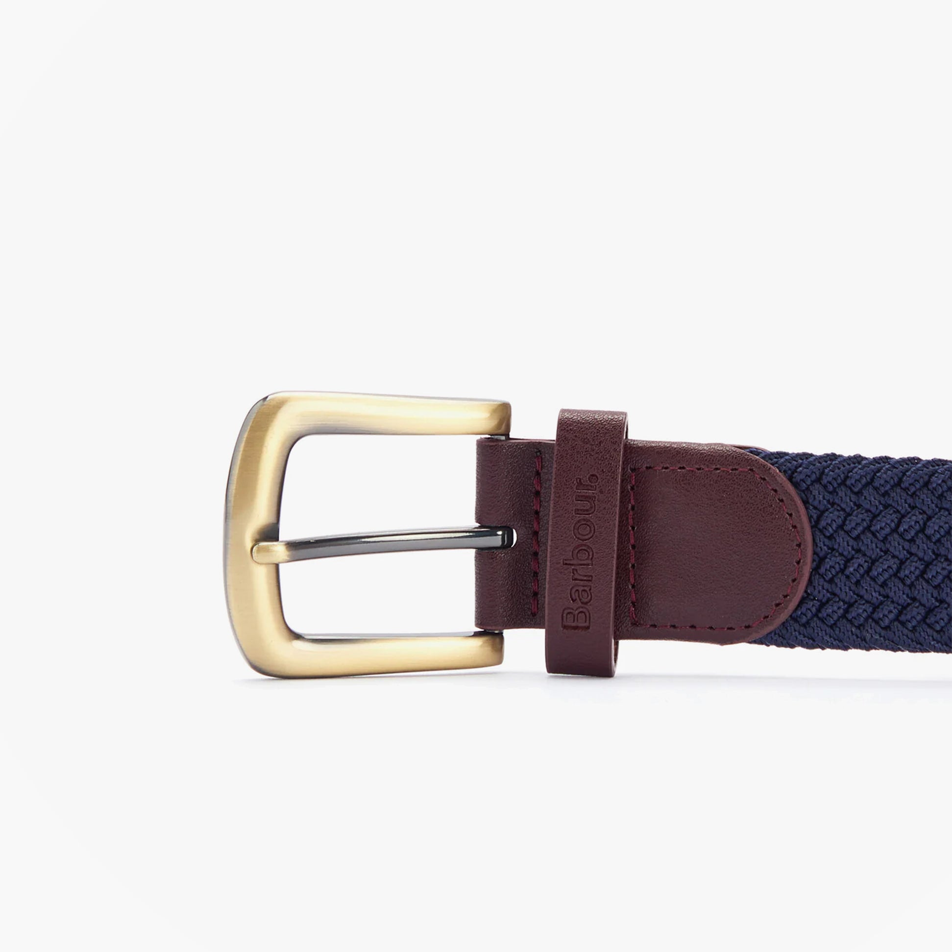 Barbour STRETCH WEBBING Mens Leather Belt Navy side view showing buckle and leather-look trim, embossed logo.
