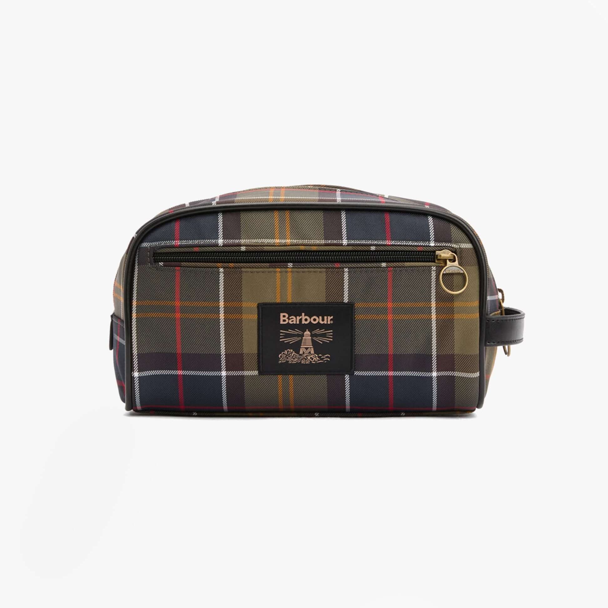 Barbour TARTAN Mens Washbag Classic/Beacon front view with plaid design and zip closure.
