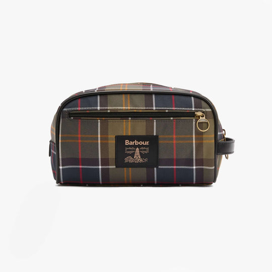 Barbour TARTAN Mens Washbag Classic/Beacon front view with plaid design and zip closure.