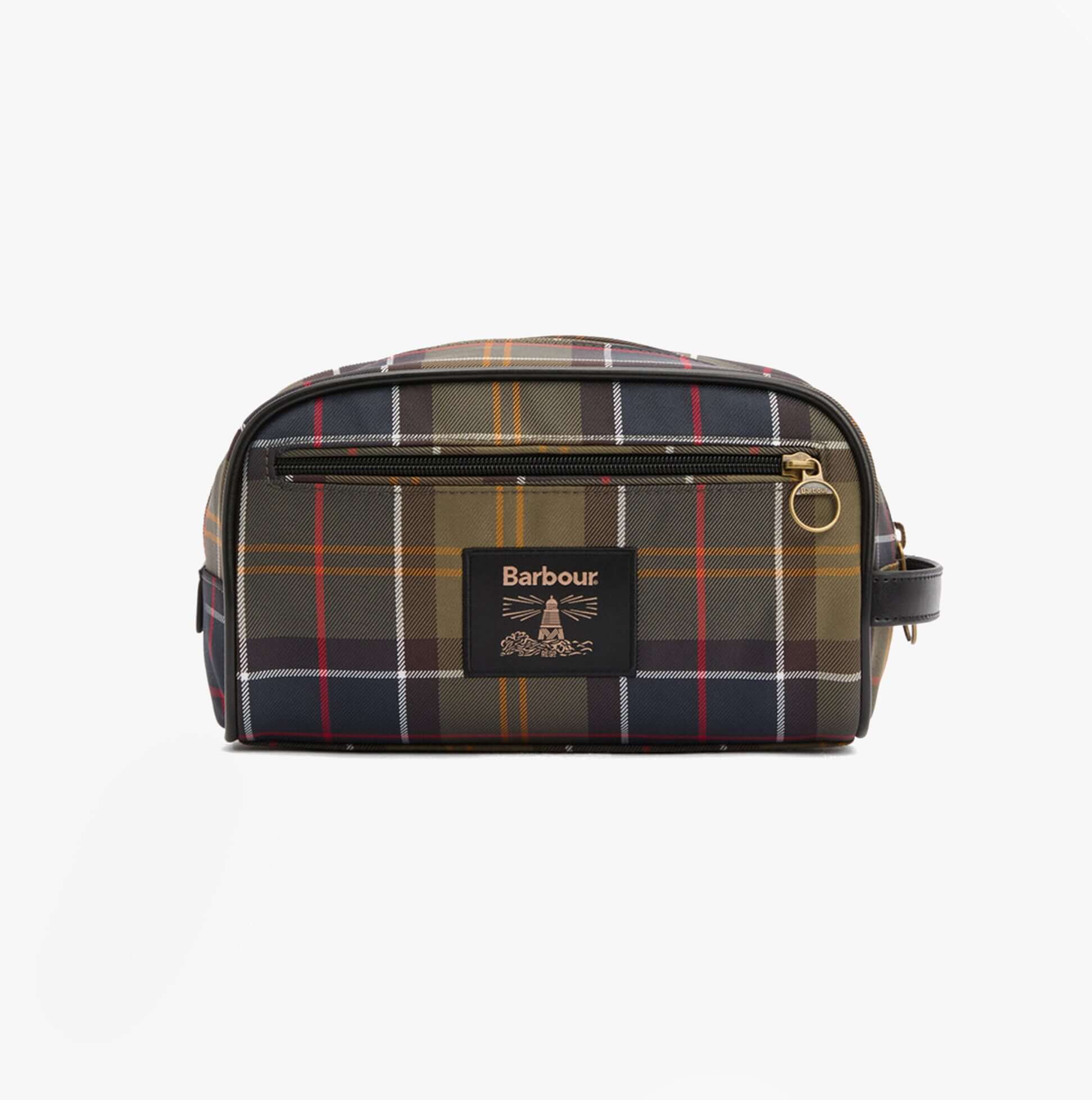 Barbour TARTAN Mens Washbag Classic/Beacon front view with plaid design and zip closure.