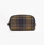 Barbour TARTAN Mens Washbag Classic/Beacon front view, zip closure, brown and green tartan pattern.