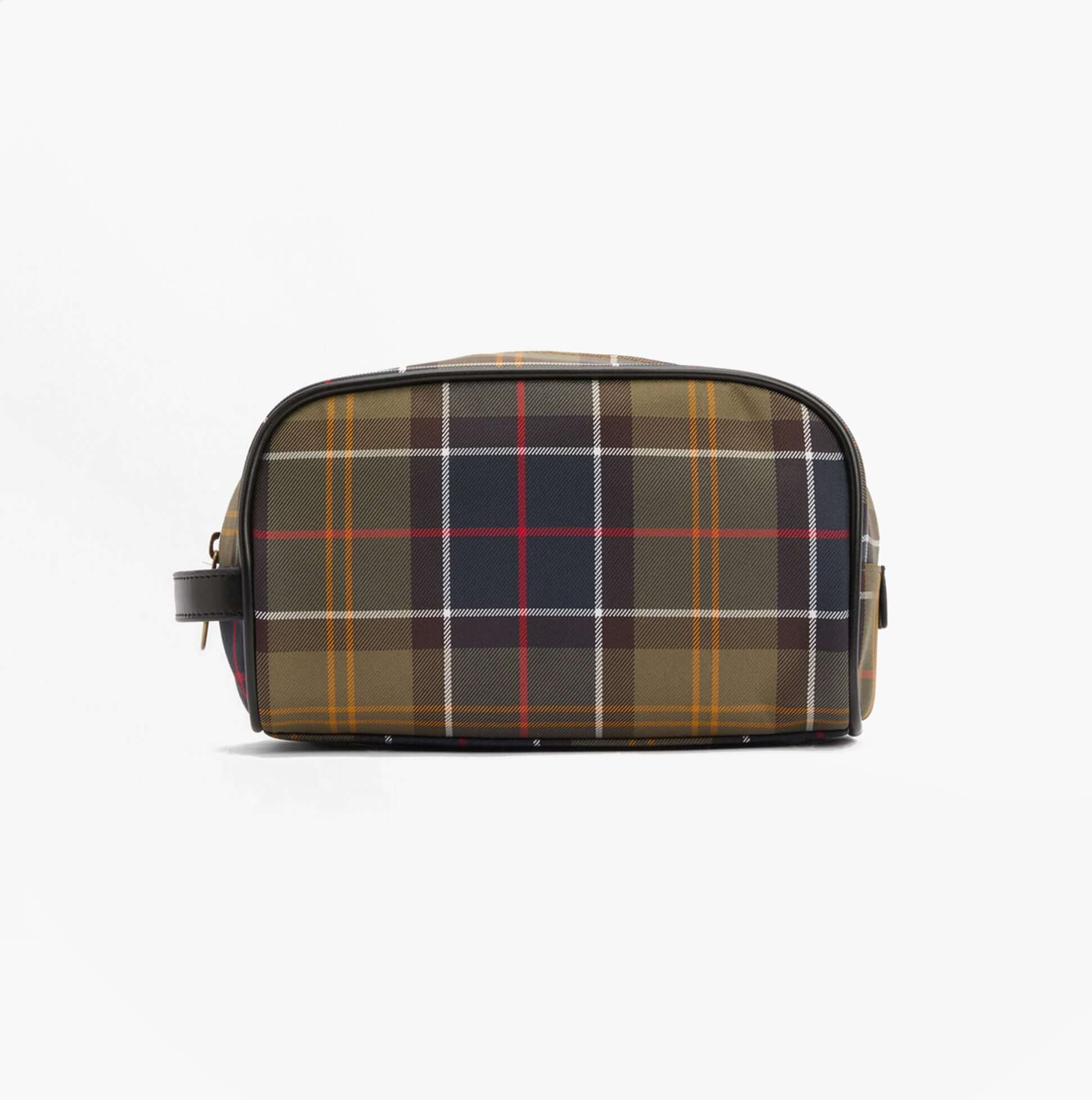 Barbour TARTAN Mens Washbag Classic/Beacon front view, zip closure, brown and green tartan pattern.