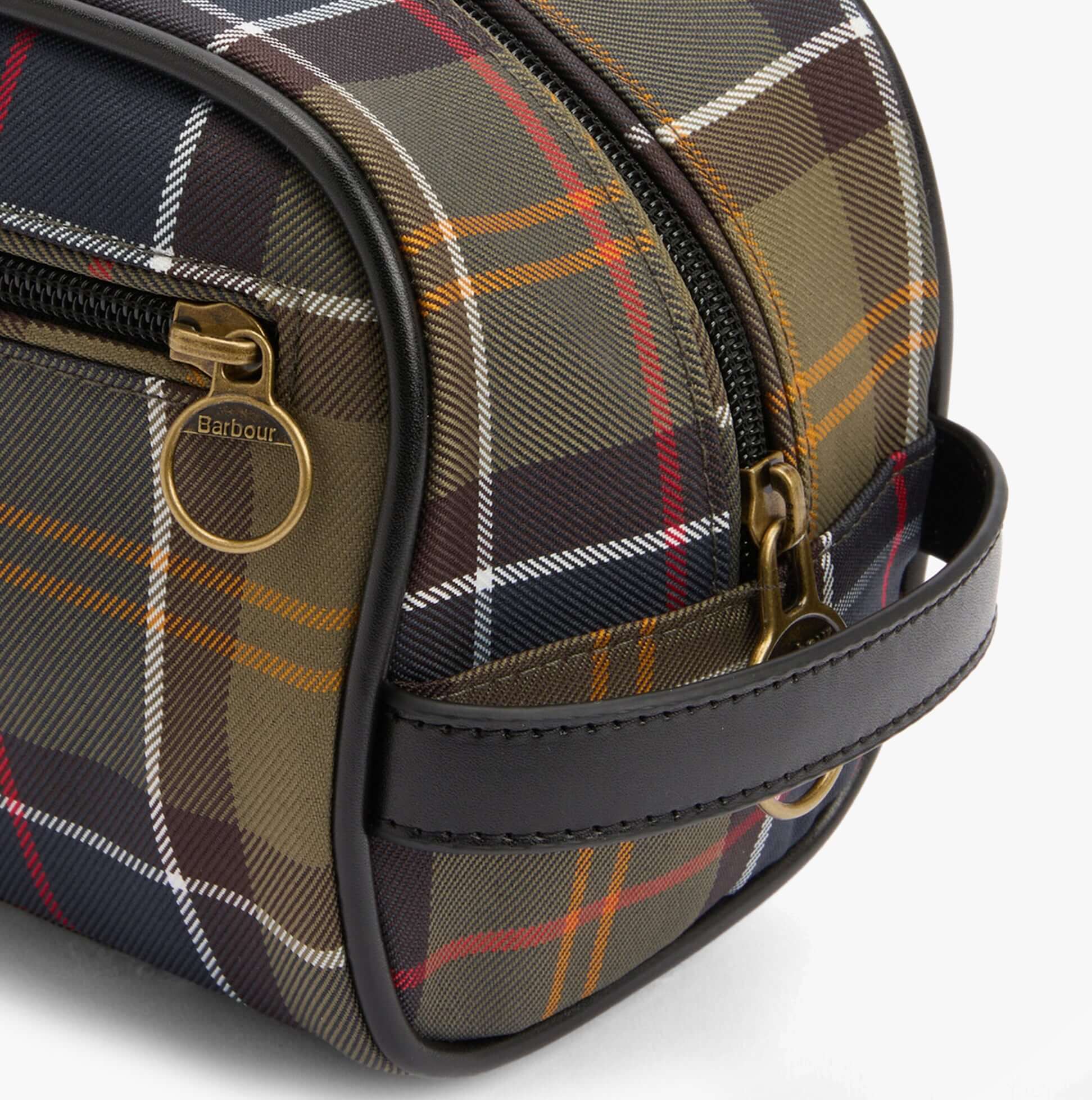 Barbour TARTAN Mens Washbag Classic/Beacon side view with zip closure and handle, featuring classic tartan pattern.