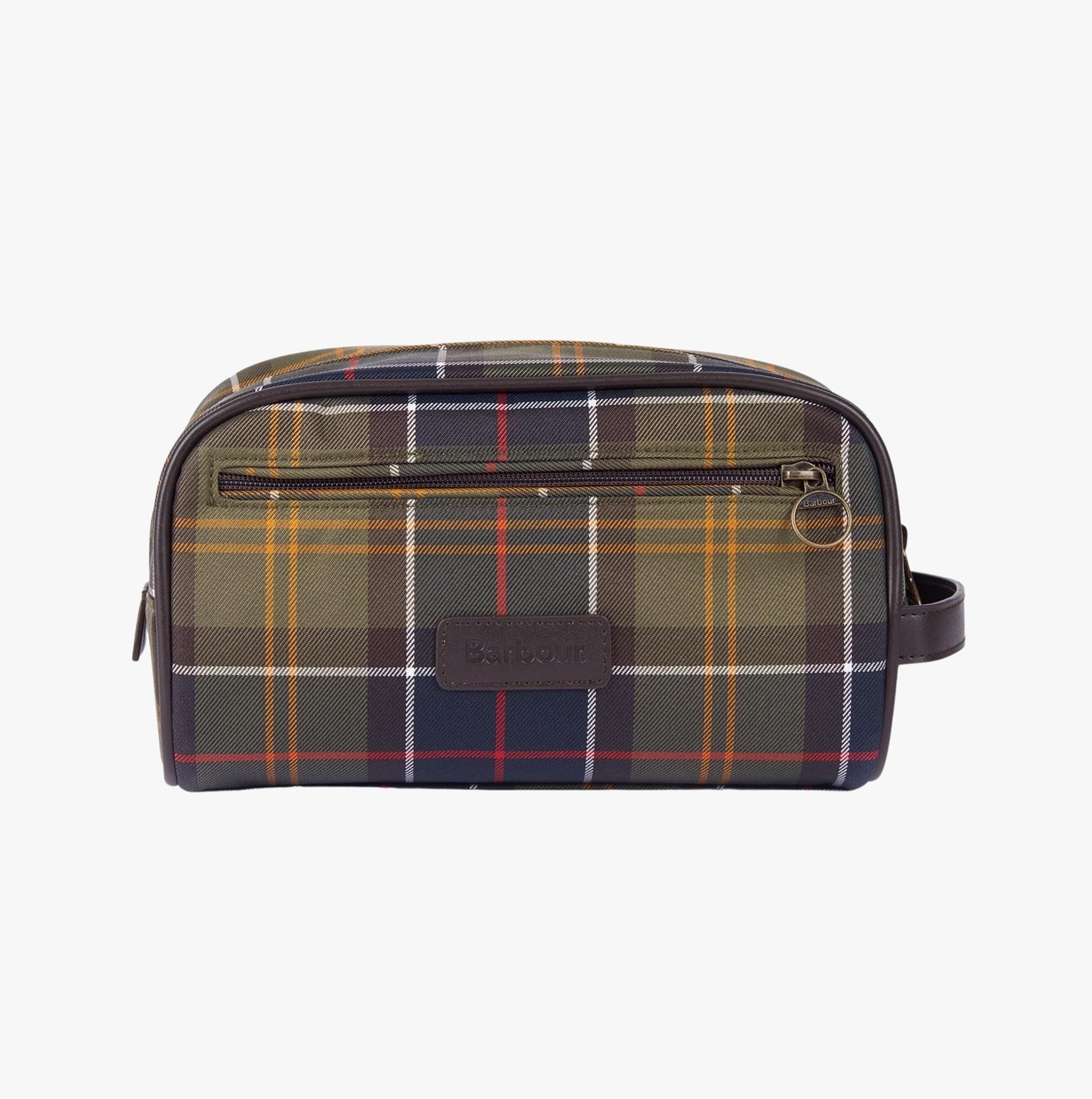 Barbour TARTAN Mens Wash Bag Classic Tartan front view showcasing the lightweight material and signature tartan design.