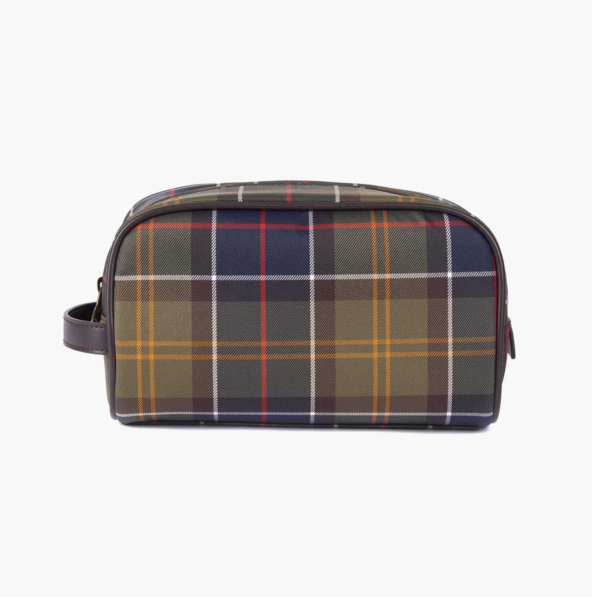 Barbour TARTAN Mens Wash Bag Classic Tartan front view featuring a plaid design and faux leather trim.
