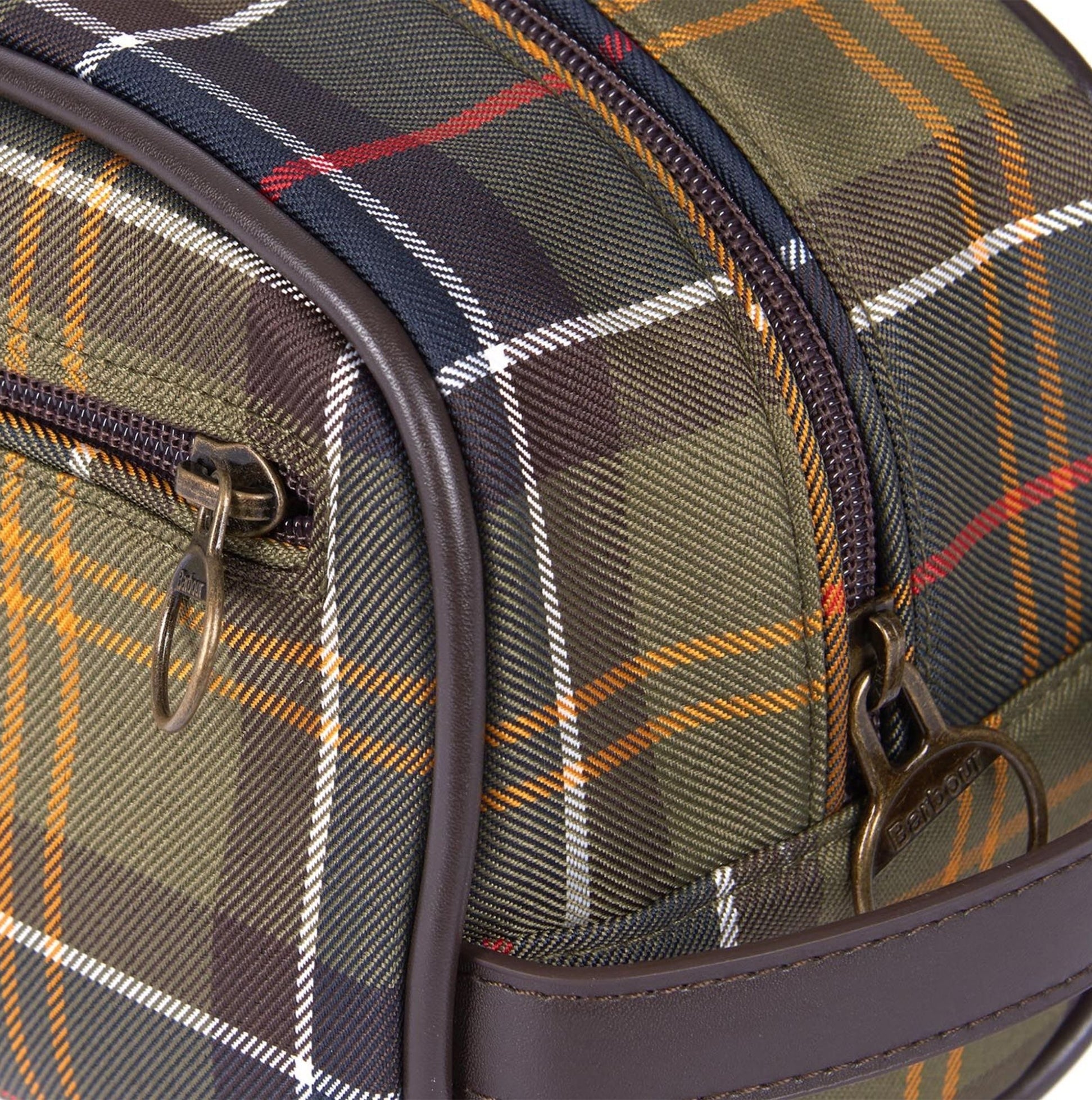 Barbour TARTAN Mens Wash Bag Classic Tartan detail view showing zip and plaid design.