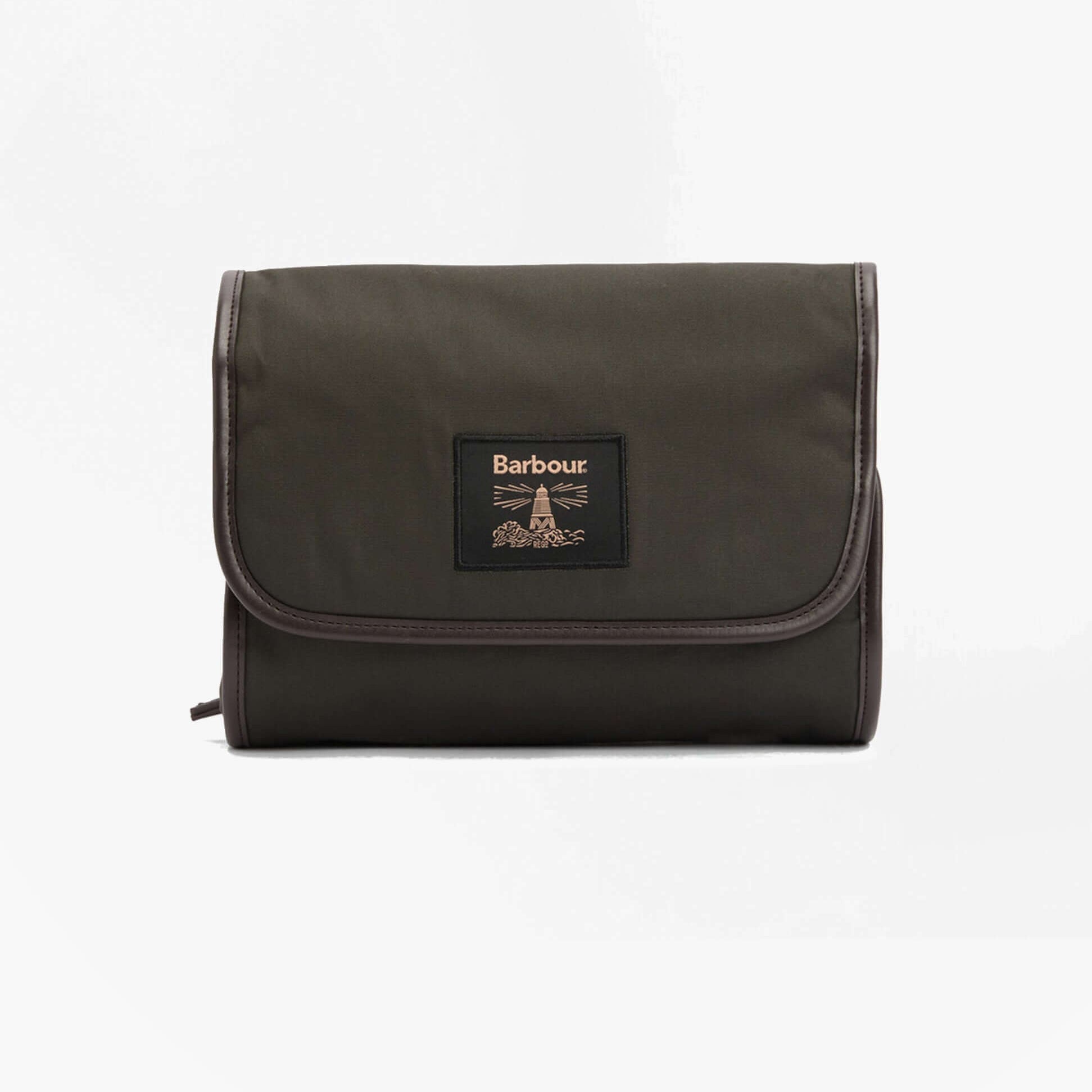 Barbour WAXED HANGING Mens Washbag Olive/Beacon front view with button closure and logo detail.