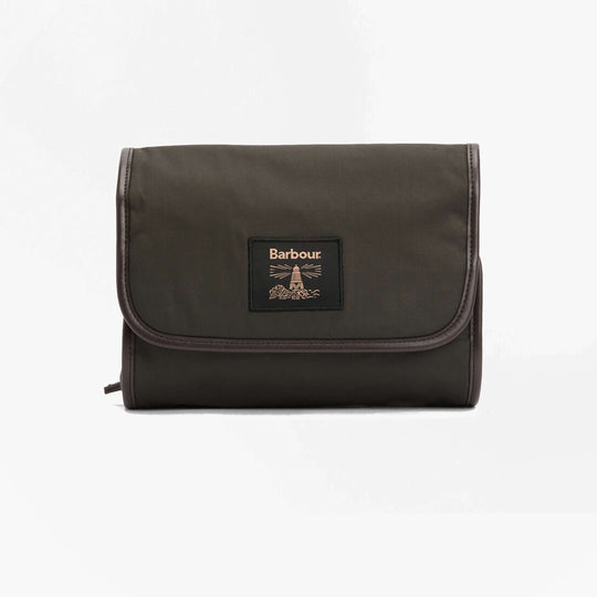 Barbour WAXED HANGING Mens Washbag Olive/Beacon front view with button closure and logo detail.