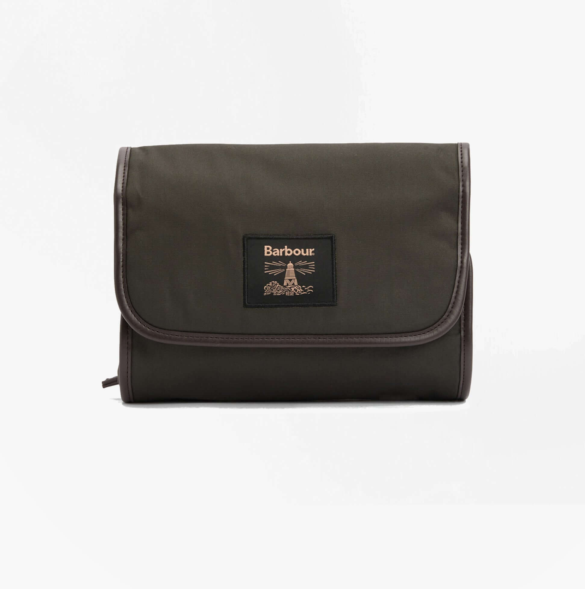 Barbour WAXED HANGING Mens Washbag Olive/Beacon front view with button closure and logo detail.