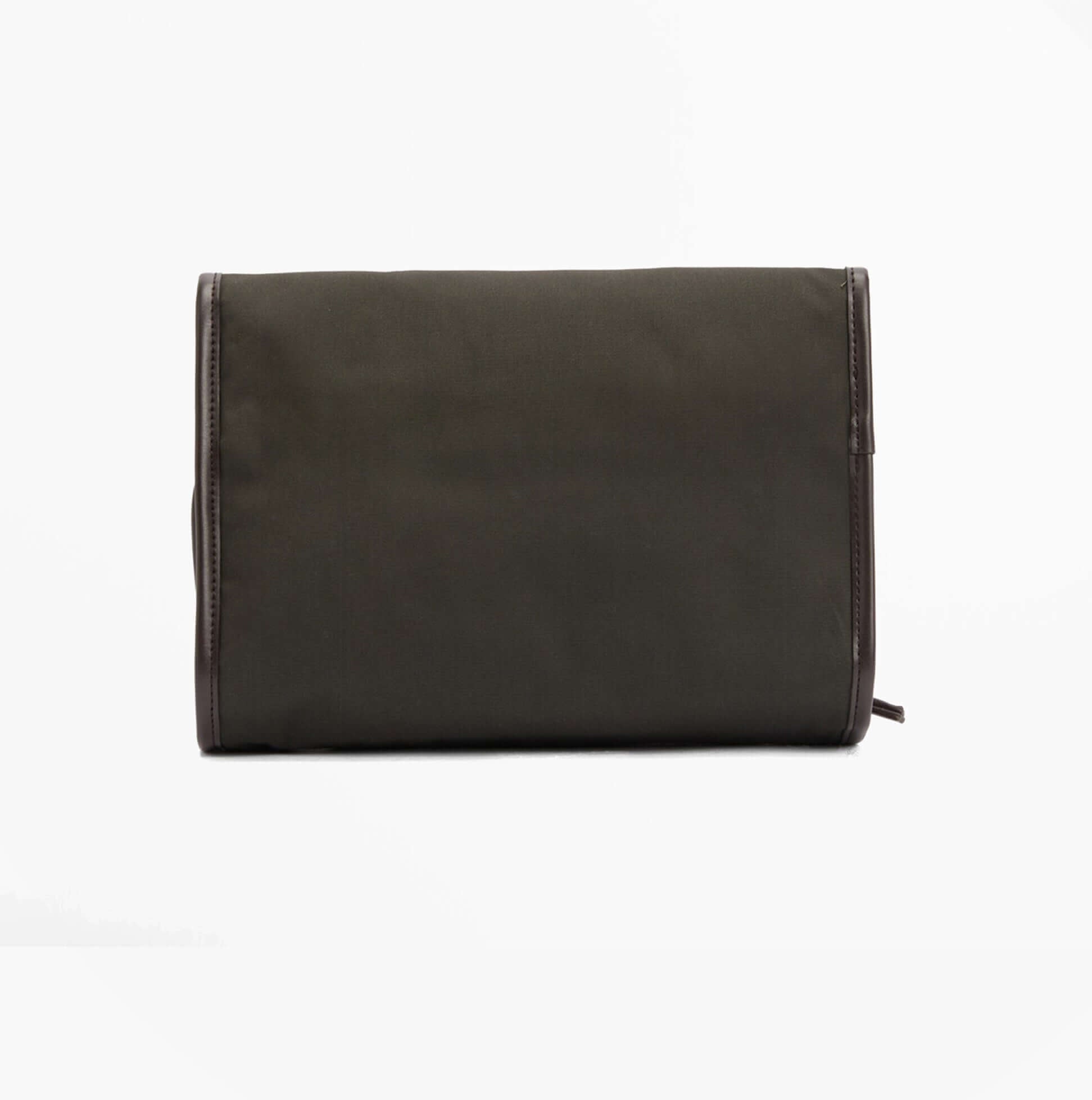 Barbour WAXED HANGING Mens Washbag Olive/Beacon front view showing the stylish and practical design of the wash bag.