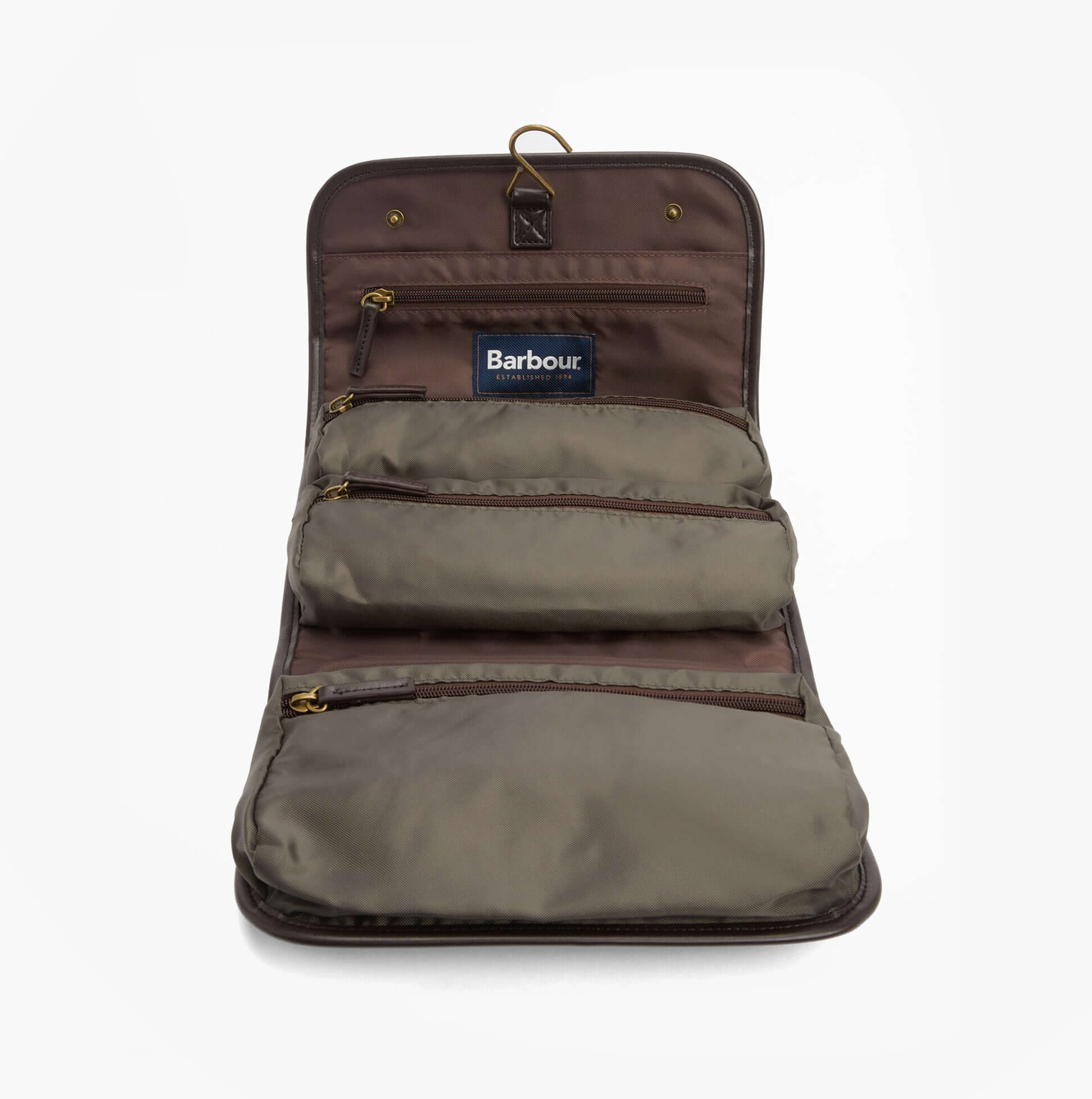 Barbour WAXED HANGING Mens Washbag Olive/Beacon front view with multiple compartments and button fastening.