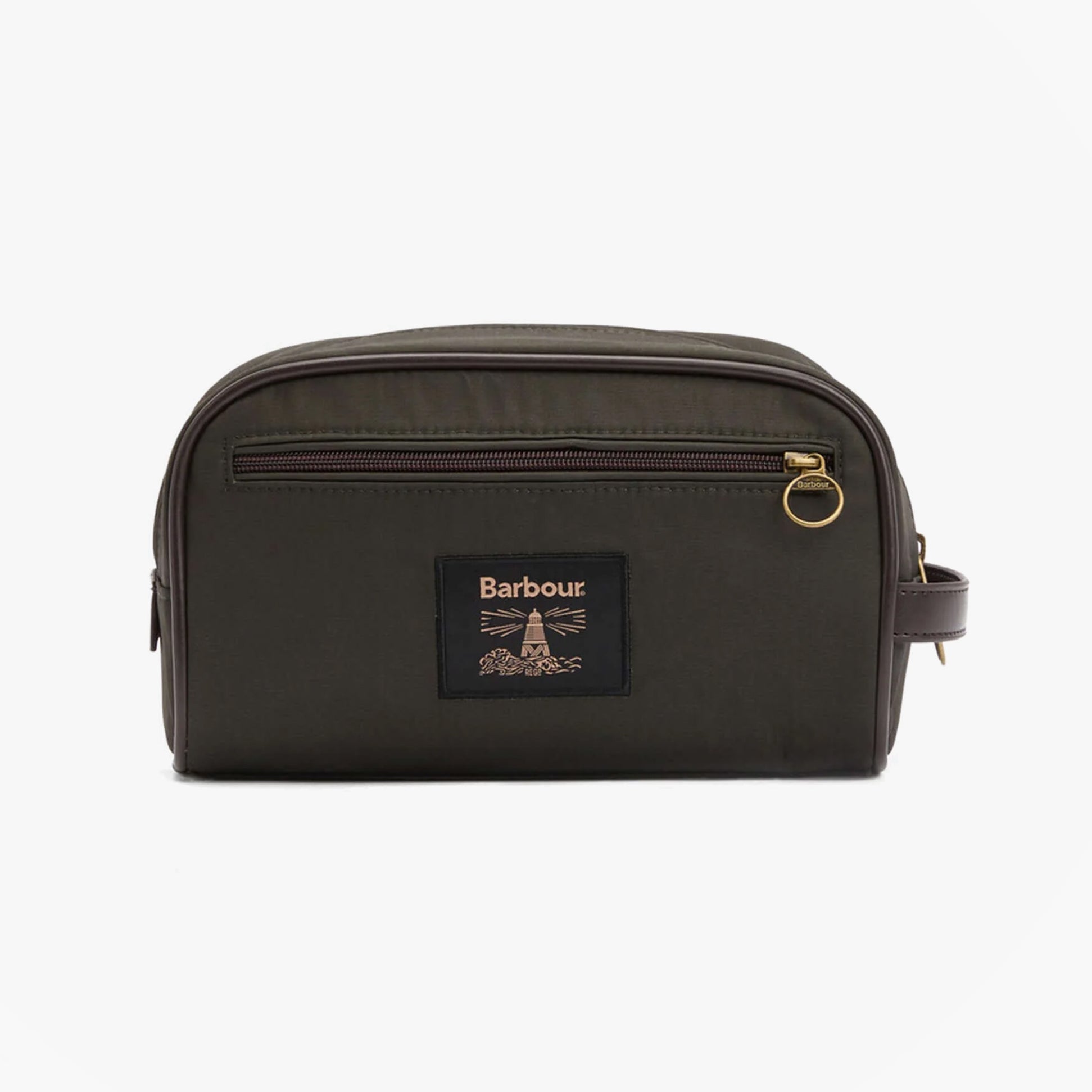 Barbour WAXED Mens Washbag Olive/Beacon front view with zip closure and logo detail