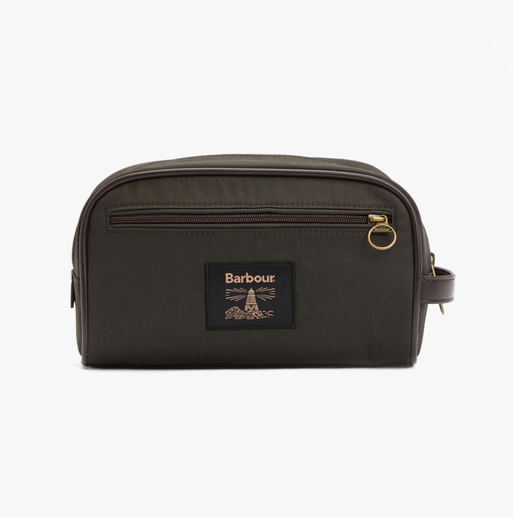 Barbour WAXED Mens Washbag Olive/Beacon front view with zip closure and logo detail