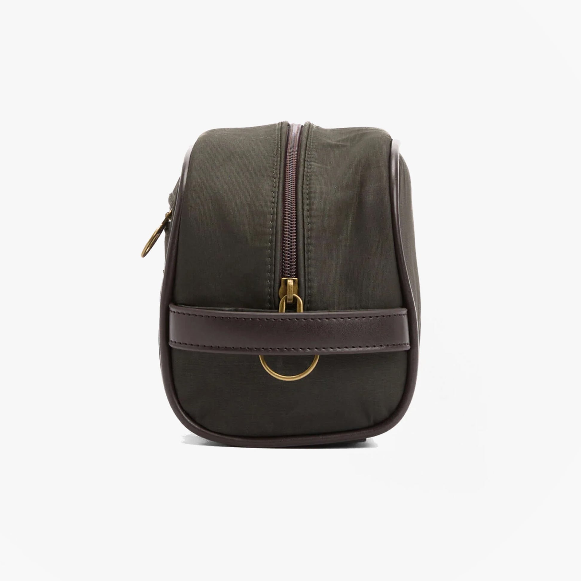 Barbour WAXED Mens Washbag Olive/Beacon side view showing zip closure and strap detail