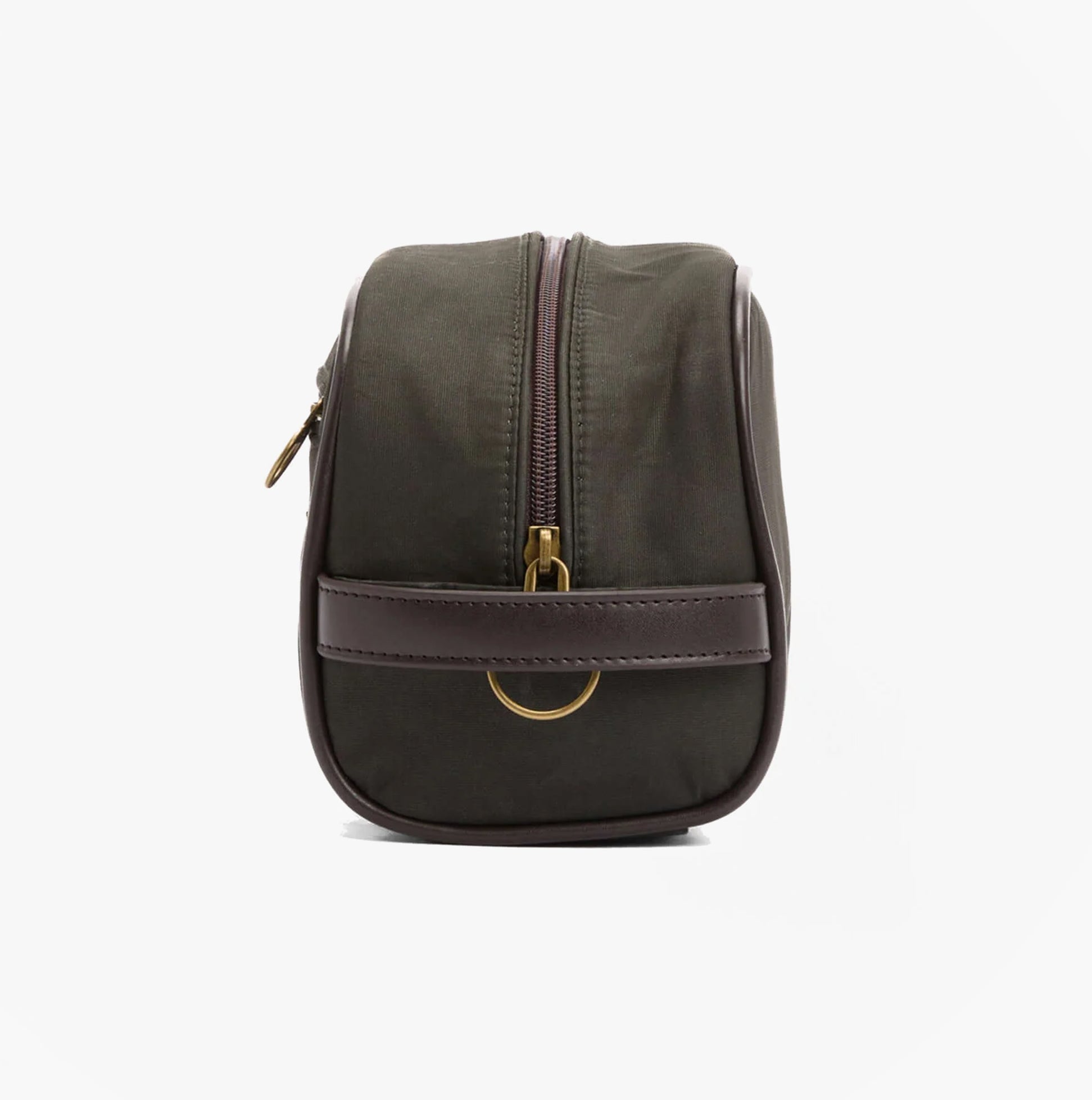 Barbour WAXED Mens Washbag Olive/Beacon side view showing zip closure and strap detail