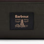 Barbour WAXED Mens Washbag Olive/Beacon detail view of logo on fabric.