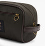 Barbour WAXED Mens Washbag Olive/Beacon side view with zip closure and brown handle