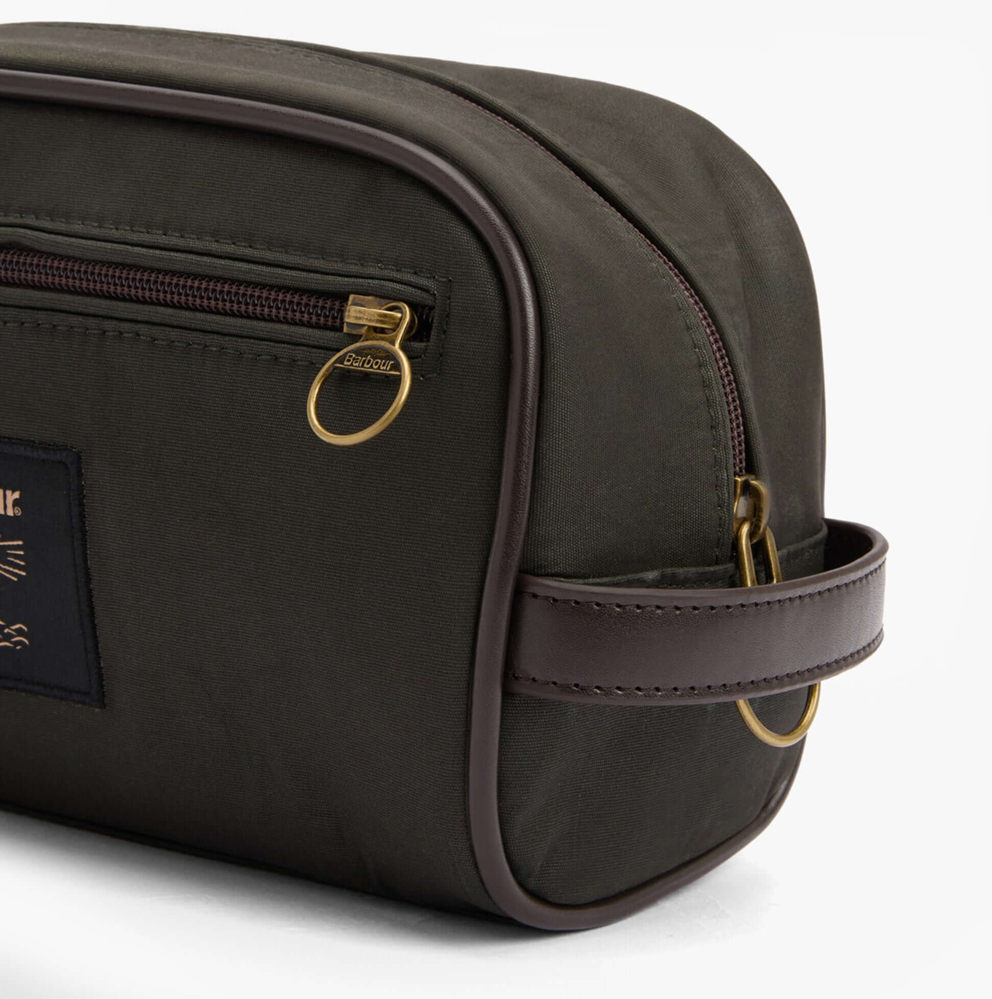 Barbour WAXED Mens Washbag Olive/Beacon side view with zip closure and brown handle