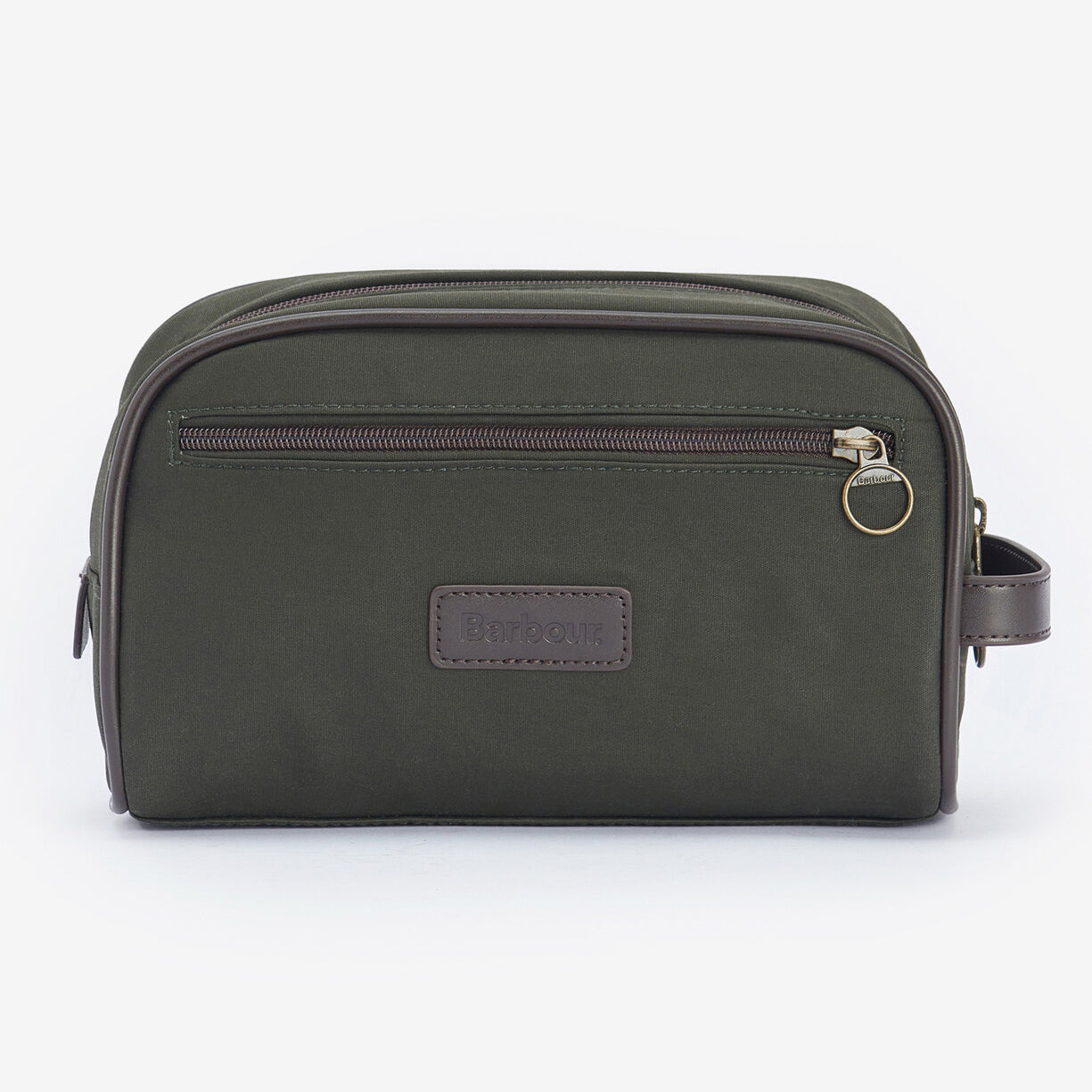 Barbour WAX Mens Wash Bag Olive/Brown front view showcasing zip closure and faux leather trim.