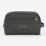 Barbour WAX Mens Wash Bag Olive/Brown front view showcasing zip closure and faux leather trim.