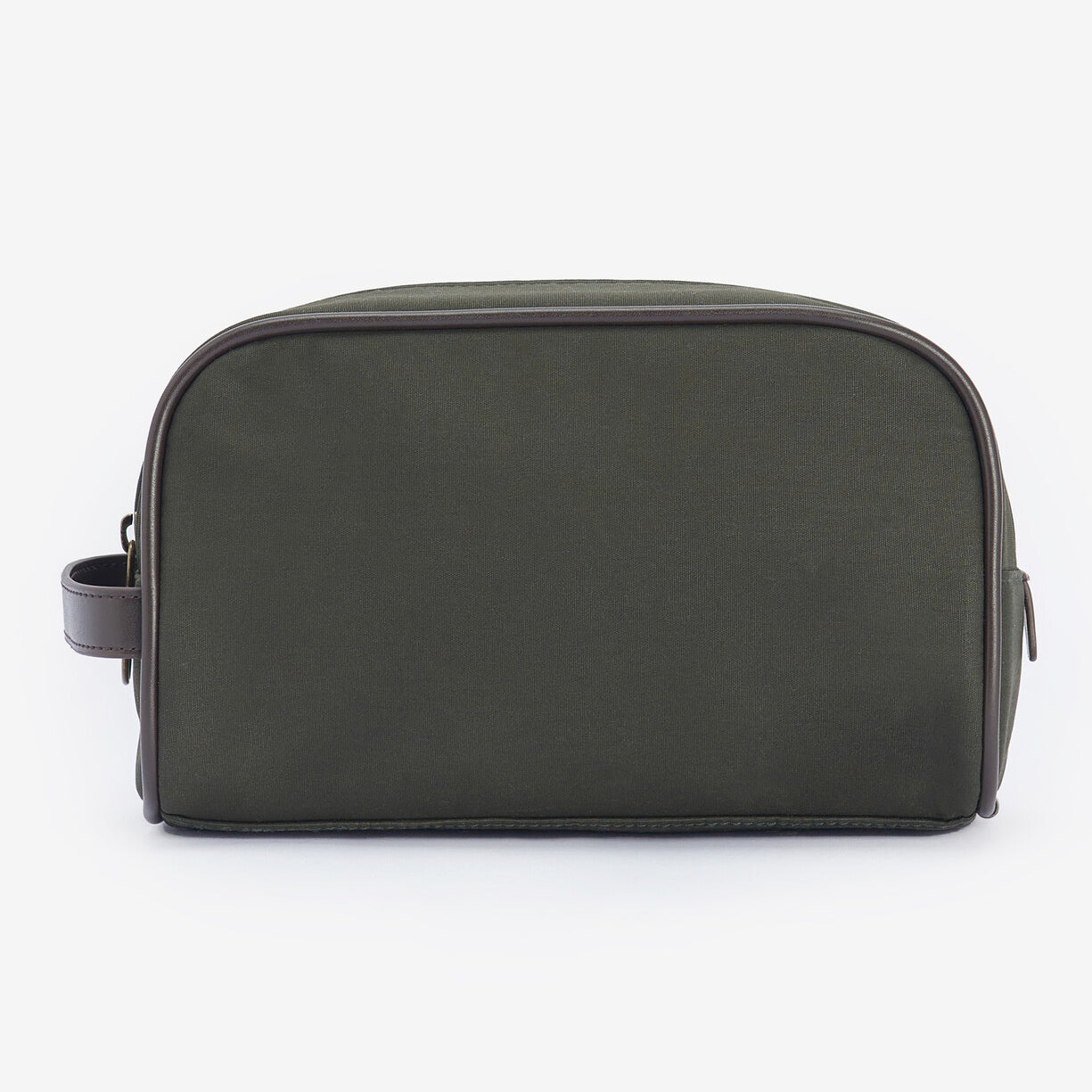 Barbour WAX Mens Wash Bag Olive/Brown front view with zip closure and faux leather trim