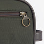 Barbour WAX Mens Wash Bag Olive/Brown detail view of zipper and iconic logo charm
