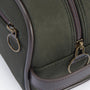 Barbour WAX Mens Wash Bag Olive/Brown detail view showing zip closure and faux leather trim