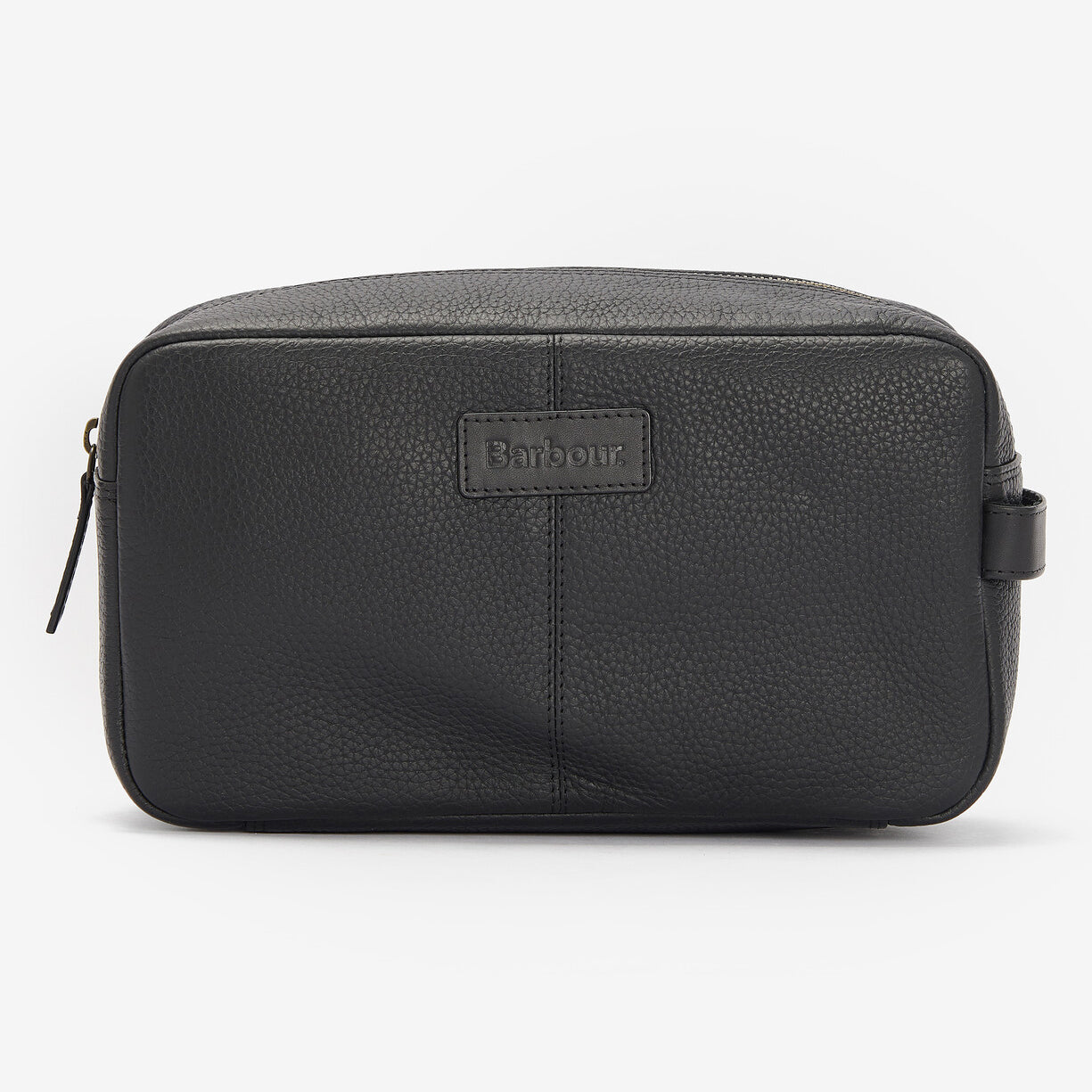 Barbour HIGHGATE LEATHER Mens Wash Bag Black front view with zip fastening and textured leather finish.