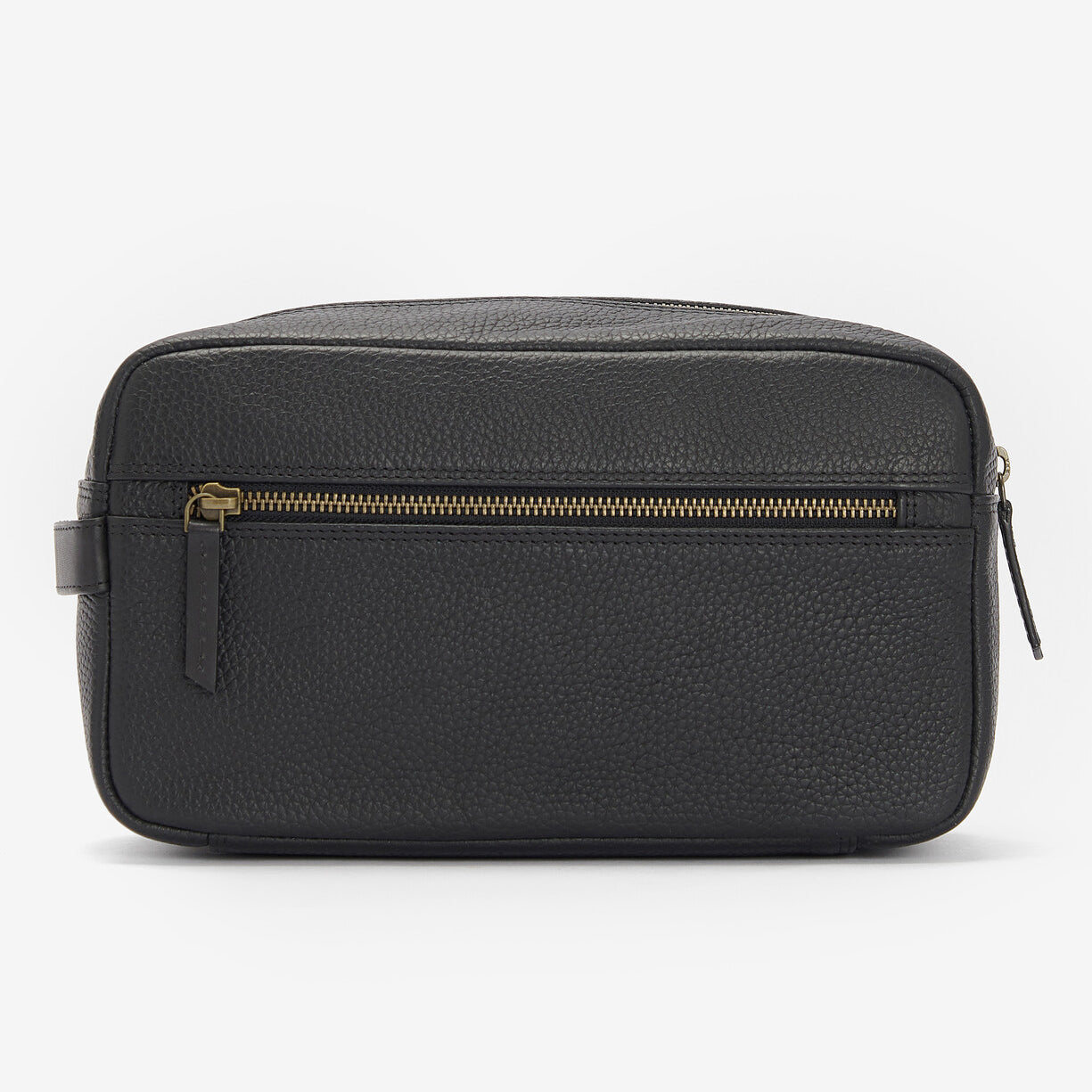 Barbour HIGHGATE LEATHER Mens Wash Bag Black front view showcasing the zip-fastened pocket and lightweight leather design.
