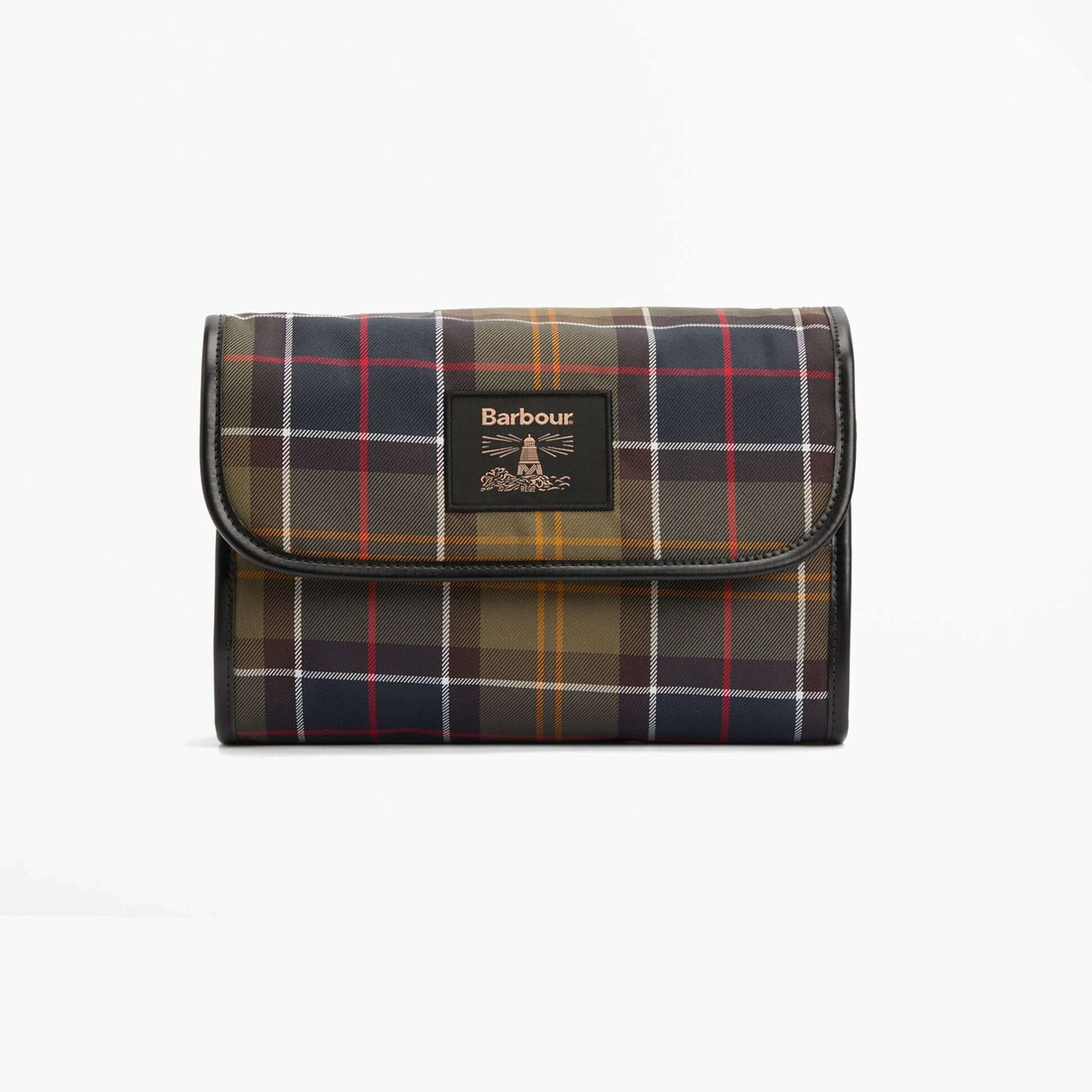 Barbour TARTAN HANGING Mens Washbag Classic/Beacon front view in plaid design.
