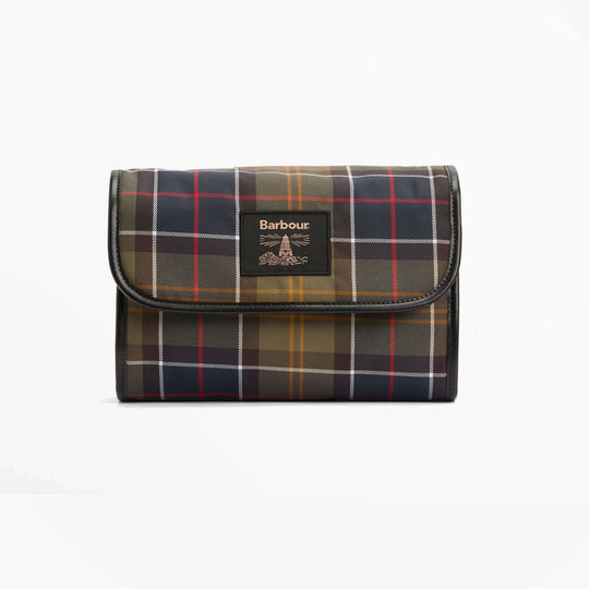 Barbour TARTAN HANGING Mens Washbag Classic/Beacon front view in plaid design.