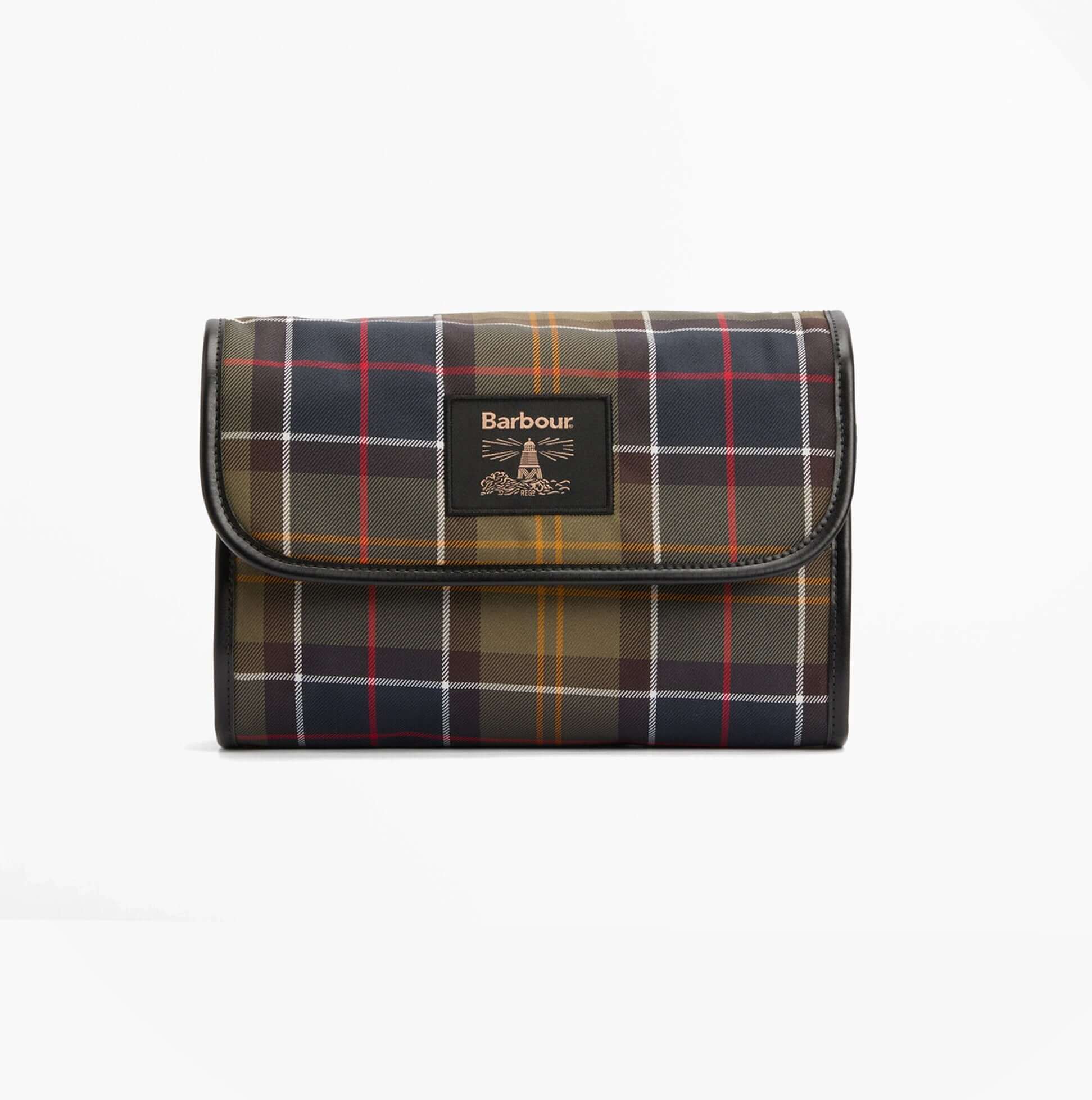 Barbour TARTAN HANGING Mens Washbag Classic/Beacon front view in plaid design.