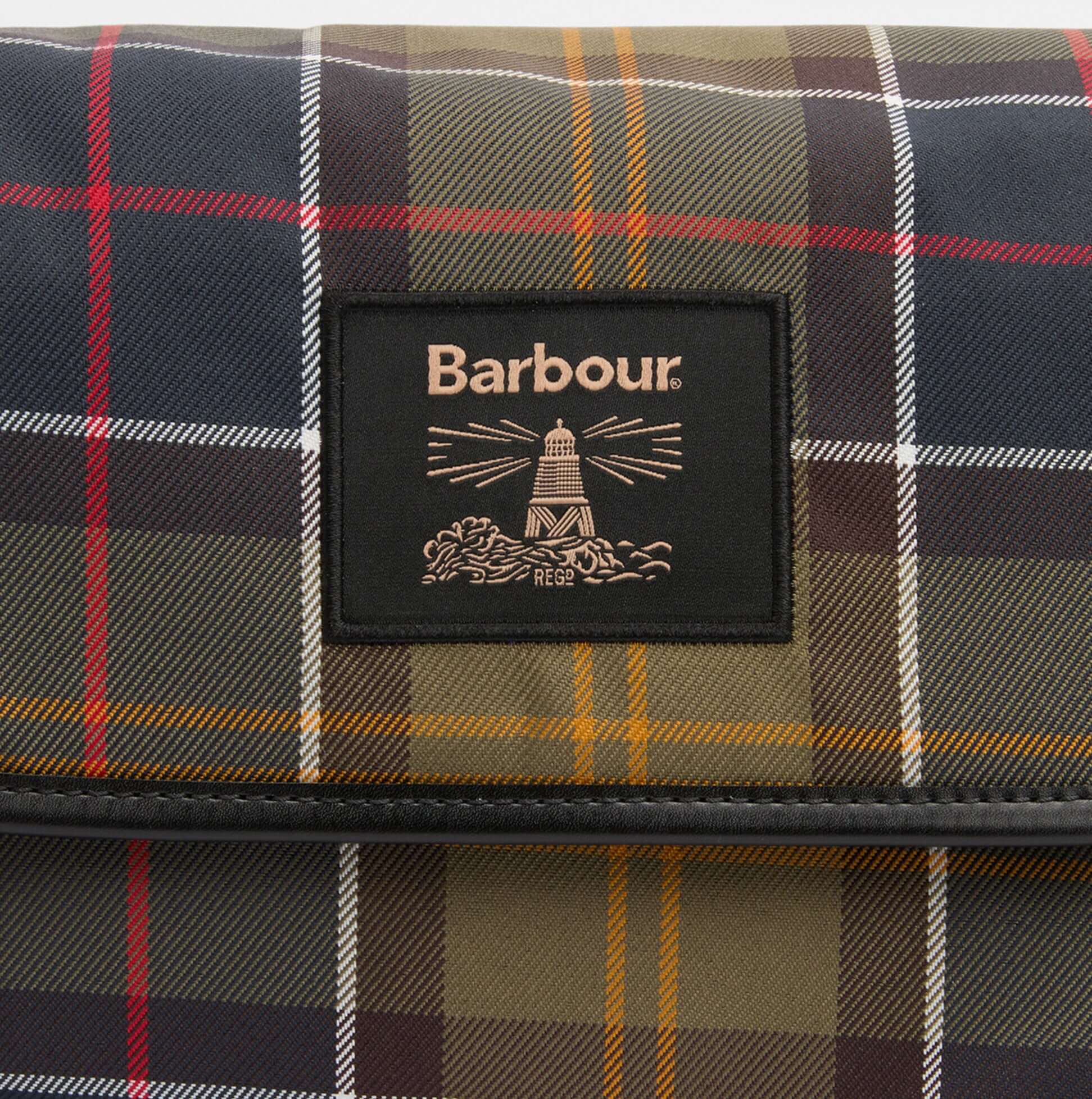 Barbour TARTAN HANGING Mens Washbag Classic/Beacon detail view showing the patterned fabric and logo.