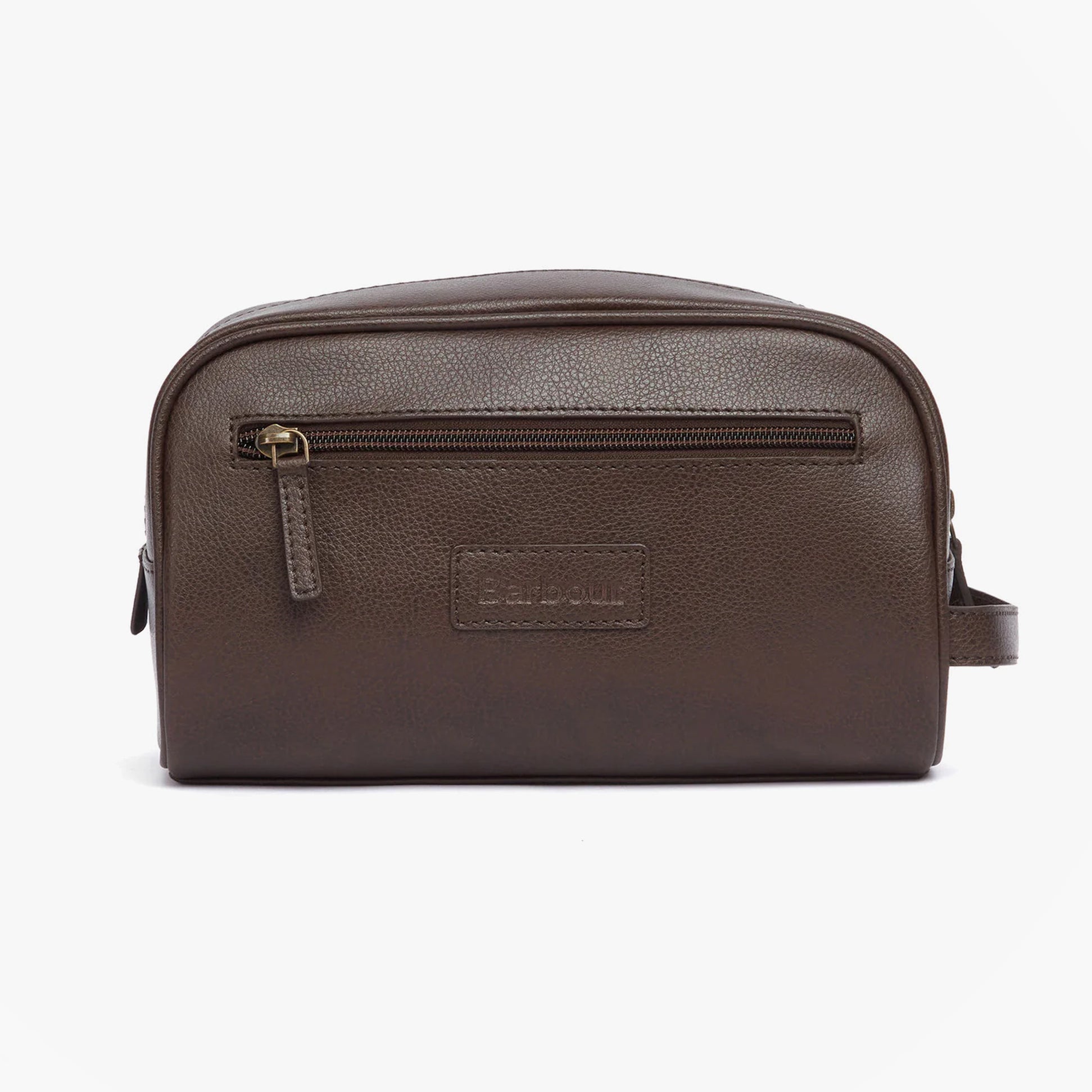 Barbour LEATHER Mens Wash Bag Dark Brown front view with zip closure and embossed logo badge.
