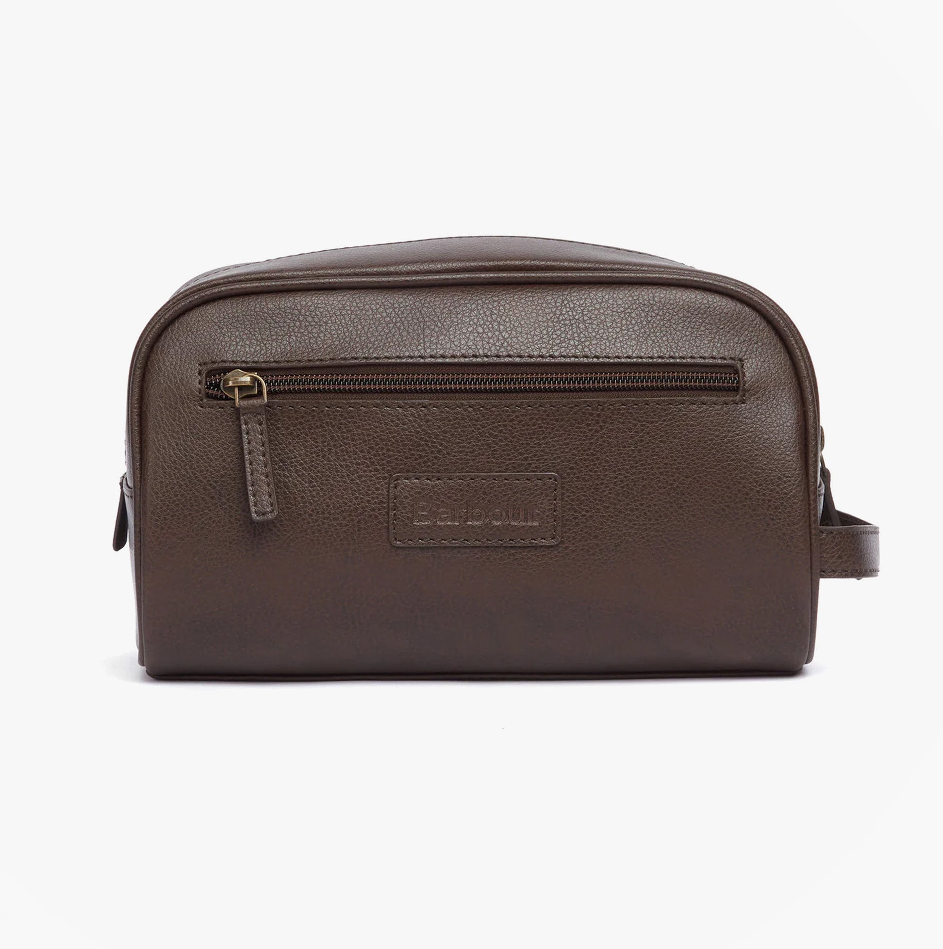 Barbour LEATHER Mens Wash Bag Dark Brown front view with zip closure and embossed logo badge.