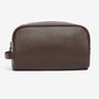 Barbour LEATHER Mens Wash Bag Dark Brown front view showing natural grained finish and zip closure.