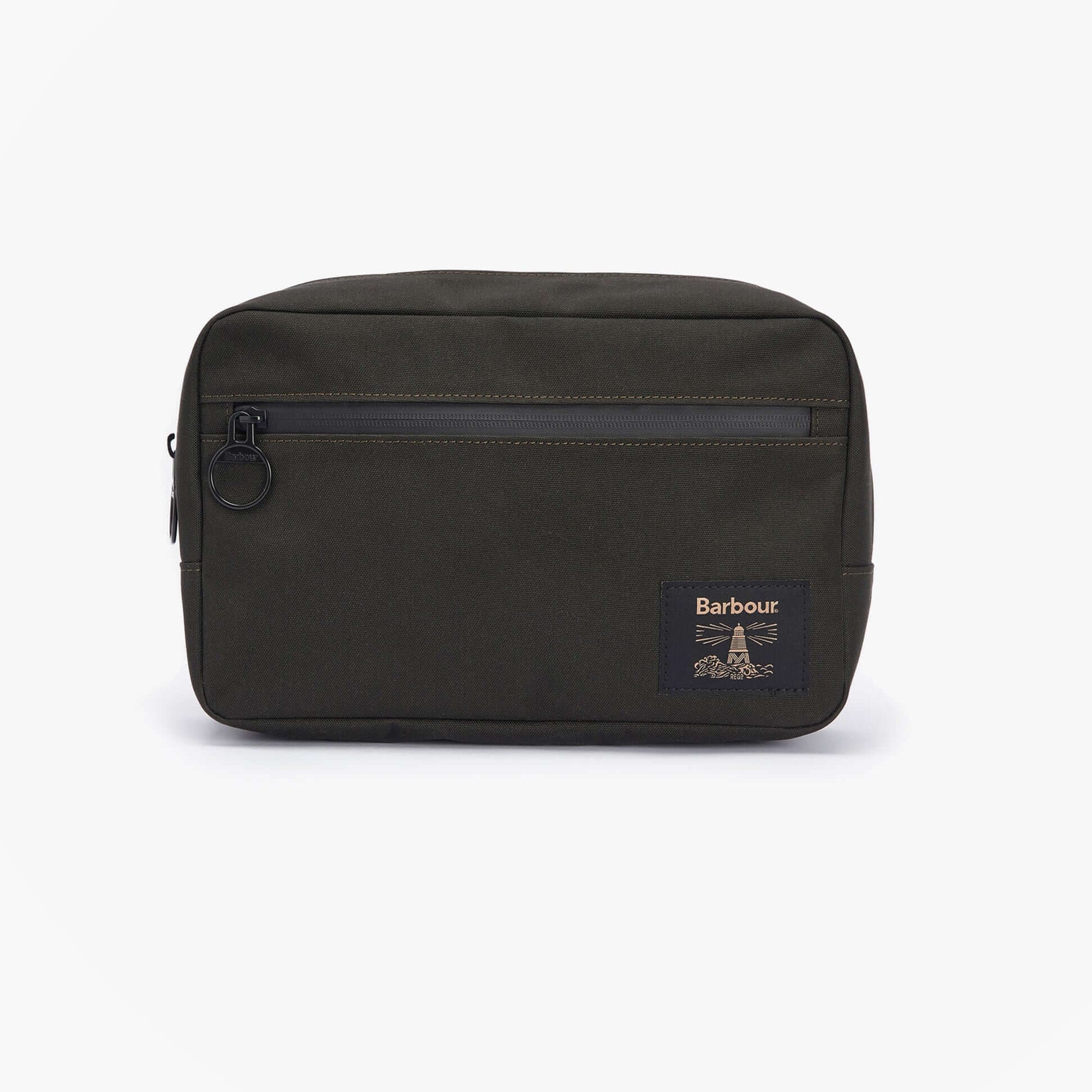 Barbour FIELD CANVAS HANGING Mens Washbag Olive/Black front view with zip closure and logo detail.