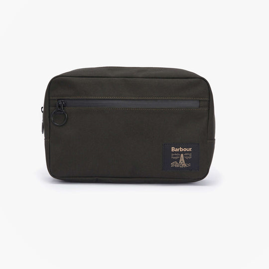Barbour FIELD CANVAS HANGING Mens Washbag Olive/Black front view with zip closure and logo detail.