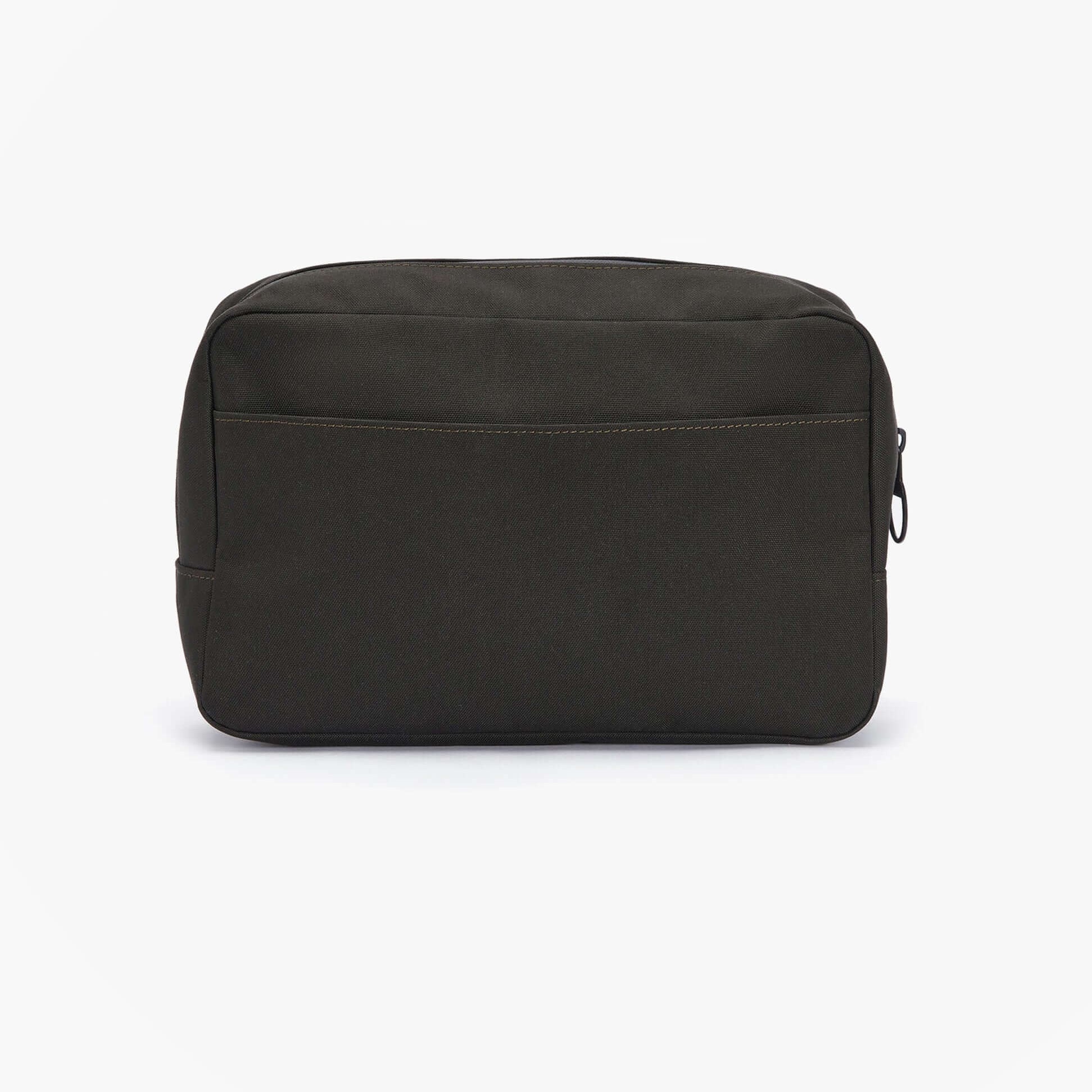 Barbour FIELD CANVAS HANGING Mens Washbag Olive/Black front view, featuring zip closure and spacious exterior pocket.
